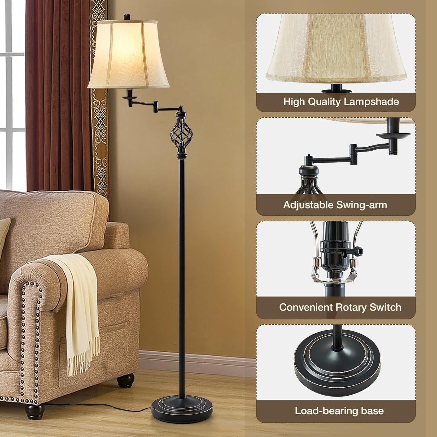 GyroVu Color Temperature Adjustable Floor lamp, Traditional 350° Adjustable Swing Arm Floor Lamp Vintage Pole lamp Farmhouse Lamp for Living Rooms & Offices, Rustic Standing Lamp for Bedroom Reading