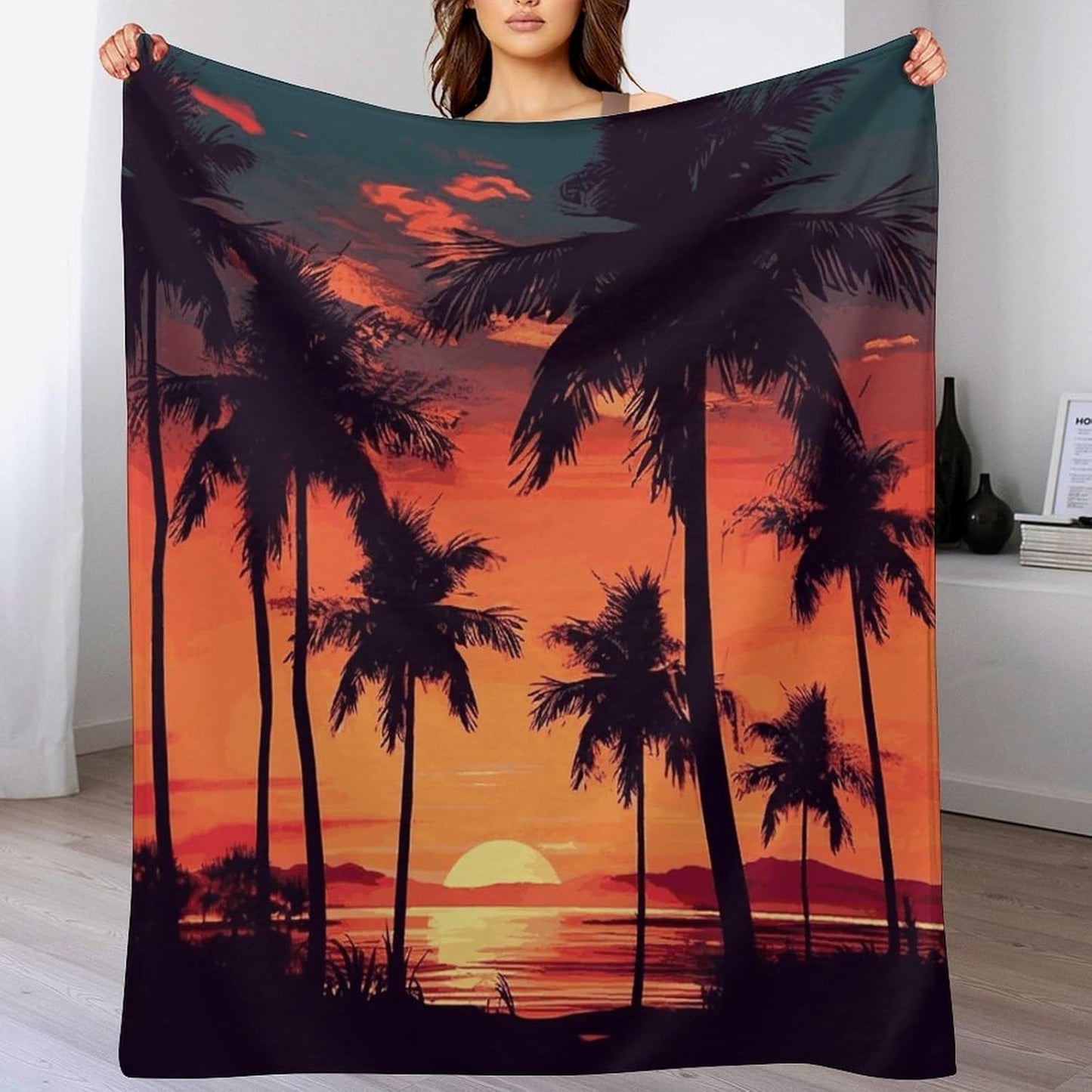 Palm Tree Summer Sunset Blanket Super Soft Lightweight Throw Blanket Cute Cozy Warm Bed Blanket Decorative Fuzzy Blanket All-Season Home Decor Gift for Sofa Couch Living Room 50"*60"（130 * 150cm）