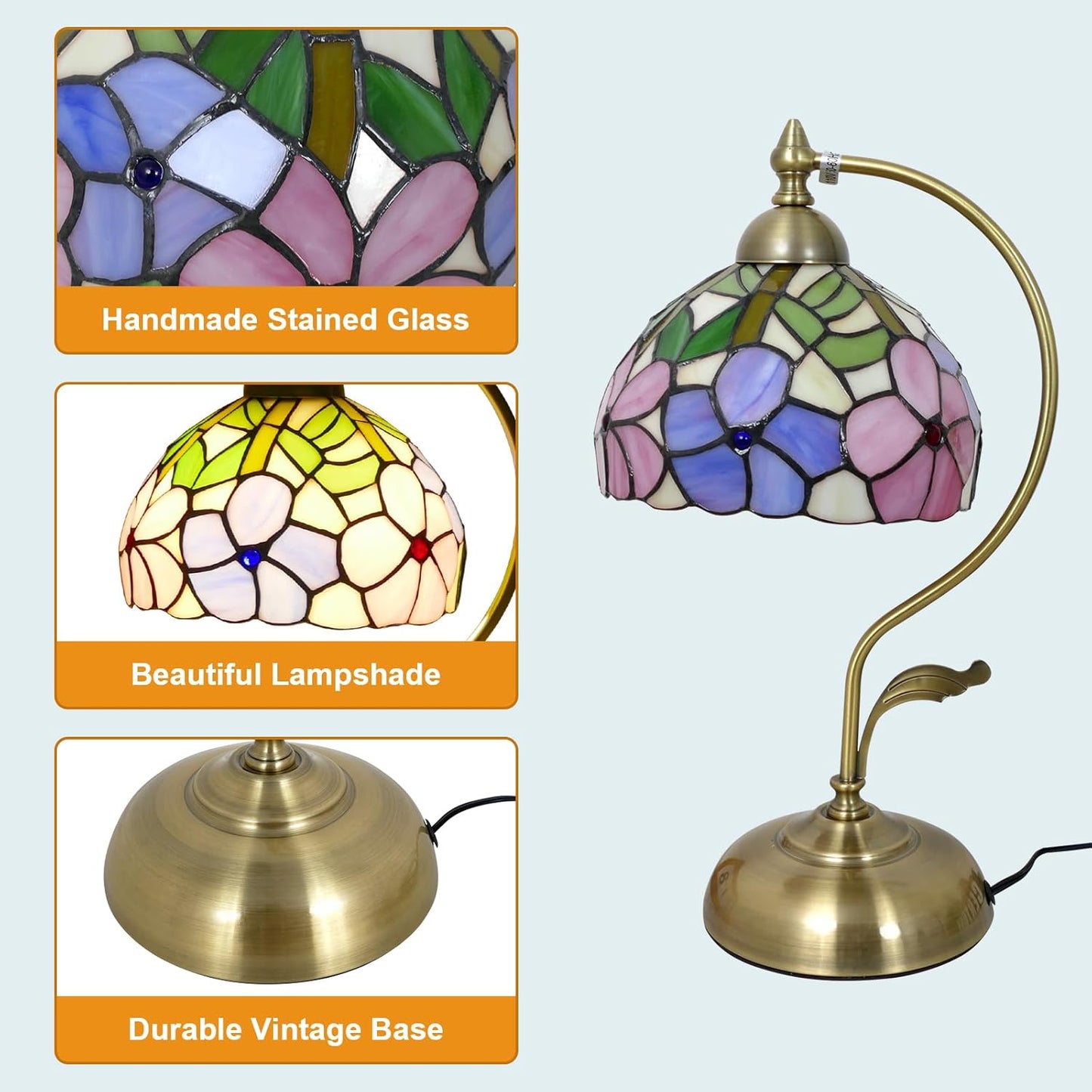 Tiffany Table Lamp Morning Glory Stained Glass Lamp 8" Wide 17" Tall Bedside Table Light Desk Lamps Vintage Reading Lamp with Color Changing LED Bulb