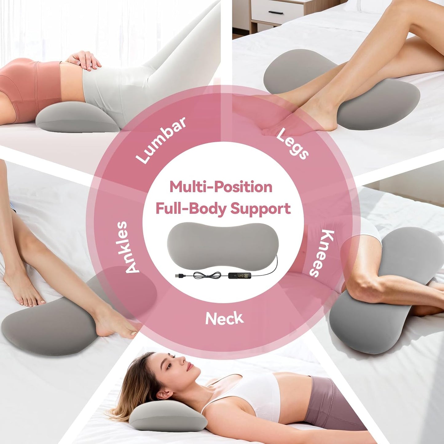 Heated Lumbar Support Pillow for Sleeping – Memory Foam Back Pillow for Bed, 3 Heat Levels & 8 Timers, Ergonomic Lower Back Pillow for Side, Back & Stomach Sleepers, Washable Cover
