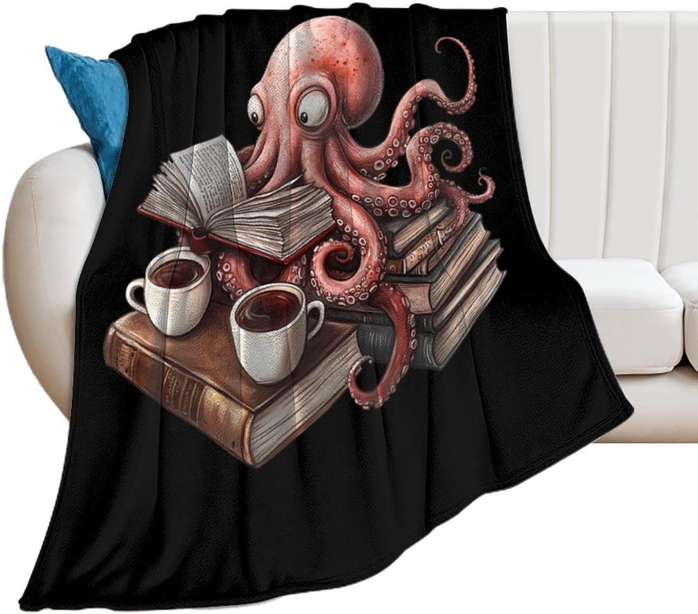 Octopus Reading Book Coffee Flannel Blanket Cozy Fuzzy Plush Throw Blankets for Couch Bed 40"*50" （100 * 130cm）