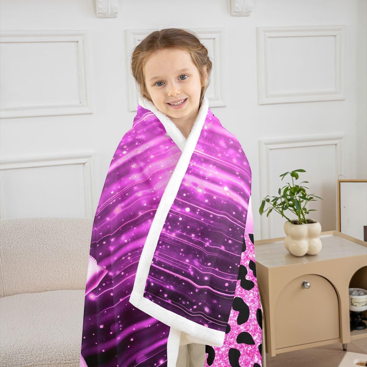 Feelyou Pink Purple Leopard Sherpa Blanket Plush Fuzzy Cute Bow Fleece Throw Blanket Boys Girls Sweet Animal Pattern for Bed Couch Chair Living Room Coquette Aesthetic Bedroom Decor 40"x50"