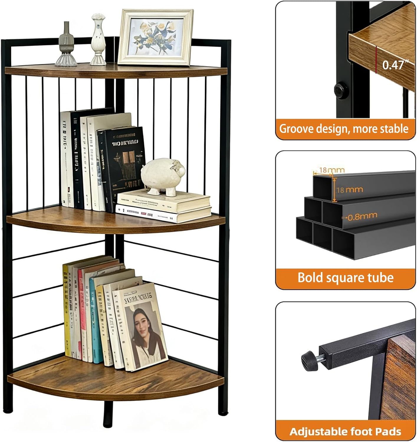 Corner Shelf 3 Tier Small Bookshelf Display Storage Stand with Metal Frame for Bathroom Bedroom Kitchen Living Room Home Office