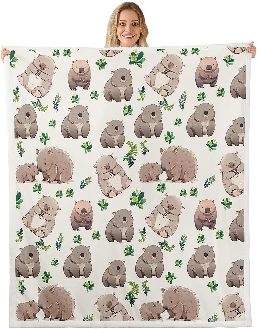 Cartoon Wombats Throw Blanket Throw 50x60 Watercolor Botanical Green Leaves Jungle Style Bed Blanket for Kids Boys Girls Teens Gray Cute Wild Animals Fleece Blanket for Living Room