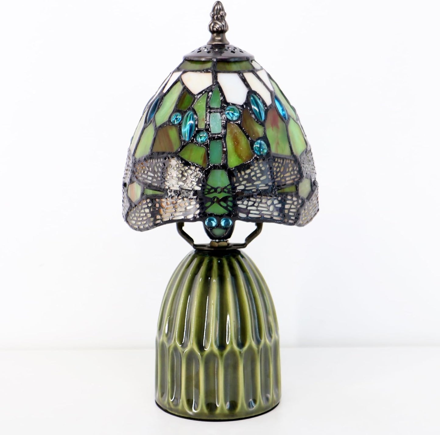 티파니 램프 스테인드 글라스 버섯 테이블 램프 15.2 x 15.2 x 31.8cm(6 x 6 x 12.5인치) 앰버 화이트 잠자리 스타일 소형 야간 조명 세라믹 베이스 미니 액센트 책상 조명 침대 옆 테이블 침실 어린이 방에