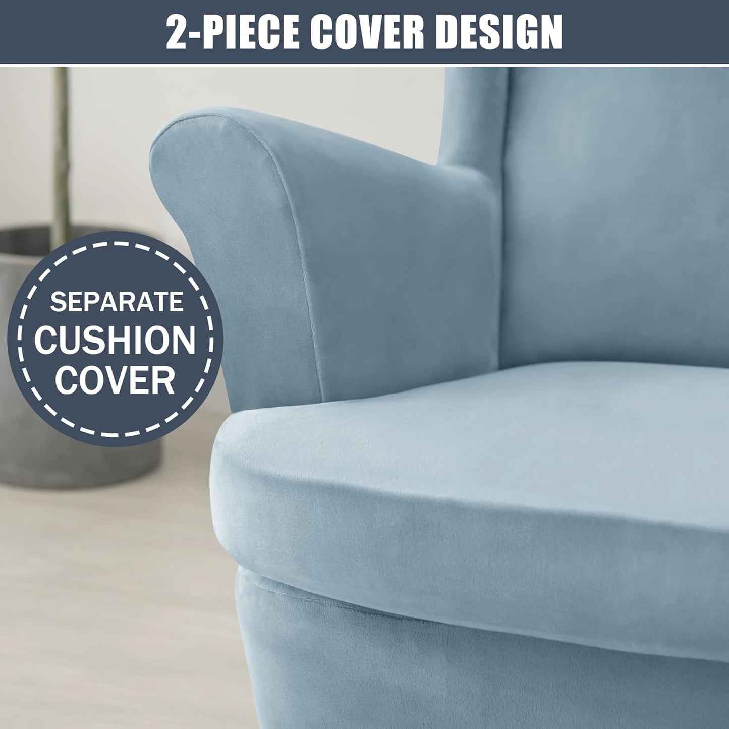 CONRUSER Stretch Wingback Chair Covers, 2 Piece Wing Chair Slipcovers Soft Velvet Armchair Covers with Elastic Bottom for Living Room Bedroom (Light Blue)