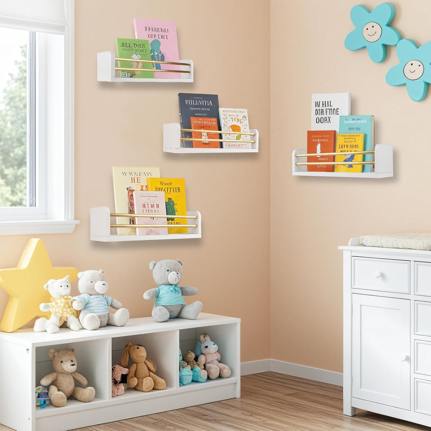 Nursery Wall Book Shelves Set of 4, 16" Solid Pine Wood Floating Book Ledges with Dual Safety Rails, Wall Mounted Kids Bookshelf for Baby & Toddler Books, Toys & Decor, Reversible Install, White/Gold