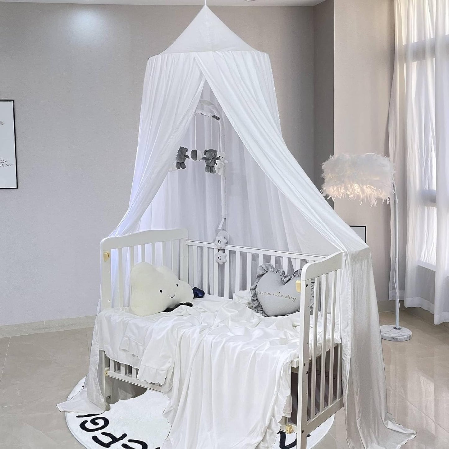 Bunnikins & Clover Bed Canopy for Girls Boys Bedroom Decor, Round Dome Mosquito Net for Baby Crib, Nook Castle Game Tent Nursery Decoration for Child, Play or Reading (White)