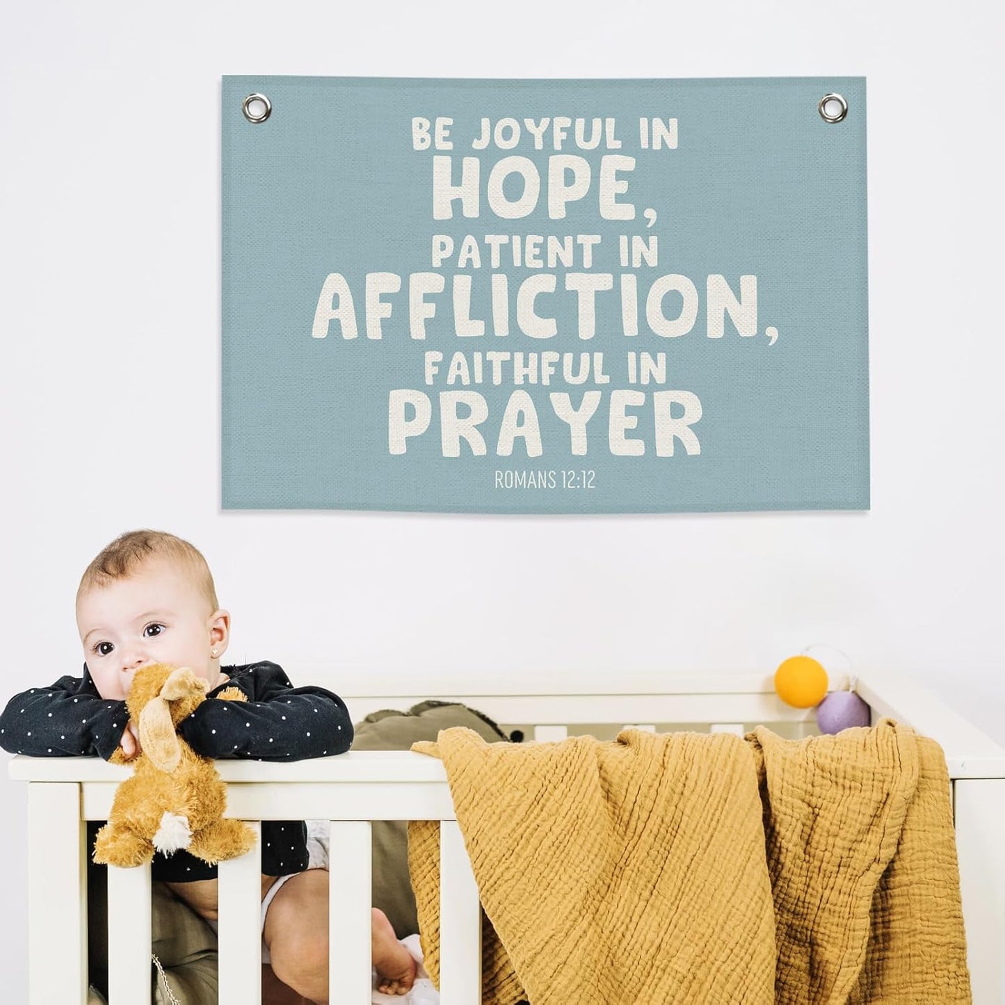 Blue Christian Kids Banner Canvas, Bible Verse Be Joyful in Hope Toddler Room Decor, Inspirational Hanging Flag Sign, Nursery Wall Tapestry Art for Playroom Bedroom Classroom Decor 20x30in
