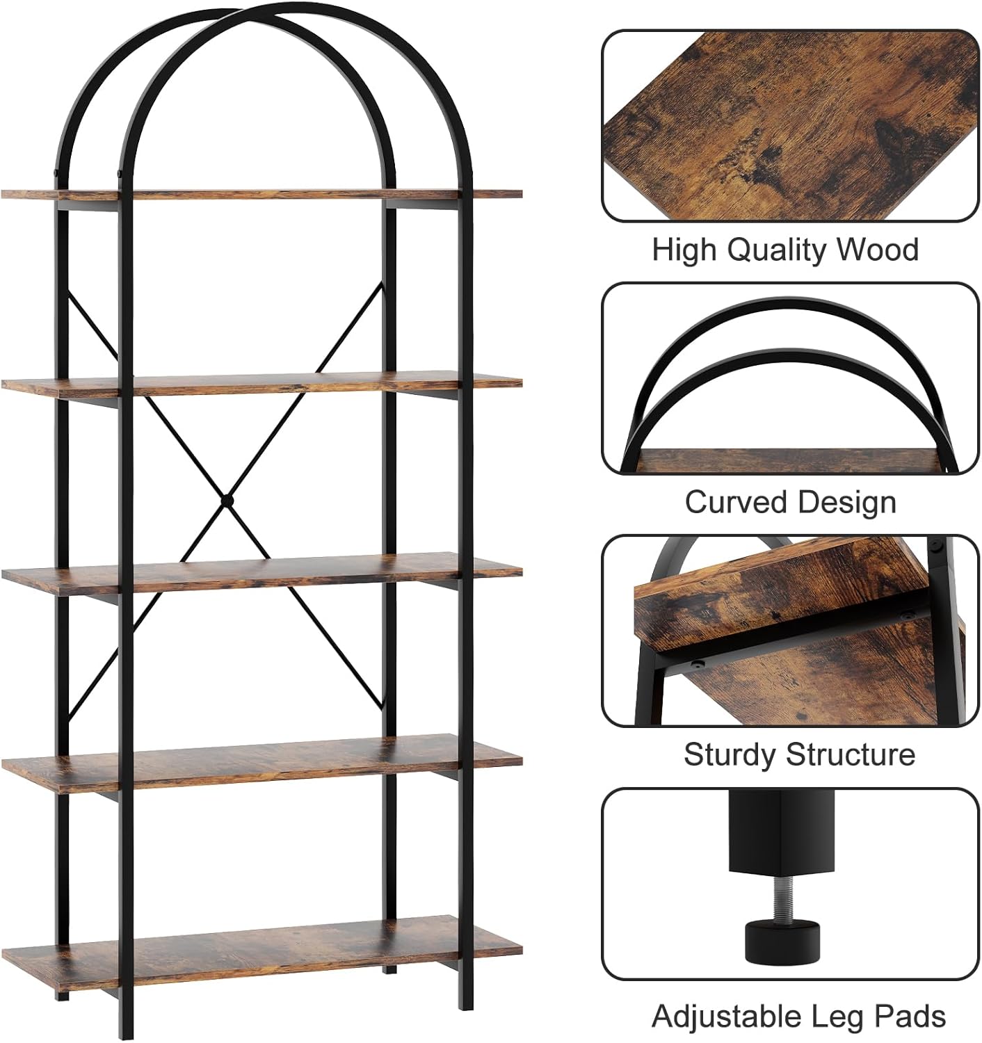 Arched Bookshelf 5 Tier Book Shelf, 31.5 Inch Width Industrial Arch Bookcase, Curved Tall Bookshelf with Open Shelves for Home Office, Living Room, Bedroom, Rustic Brown