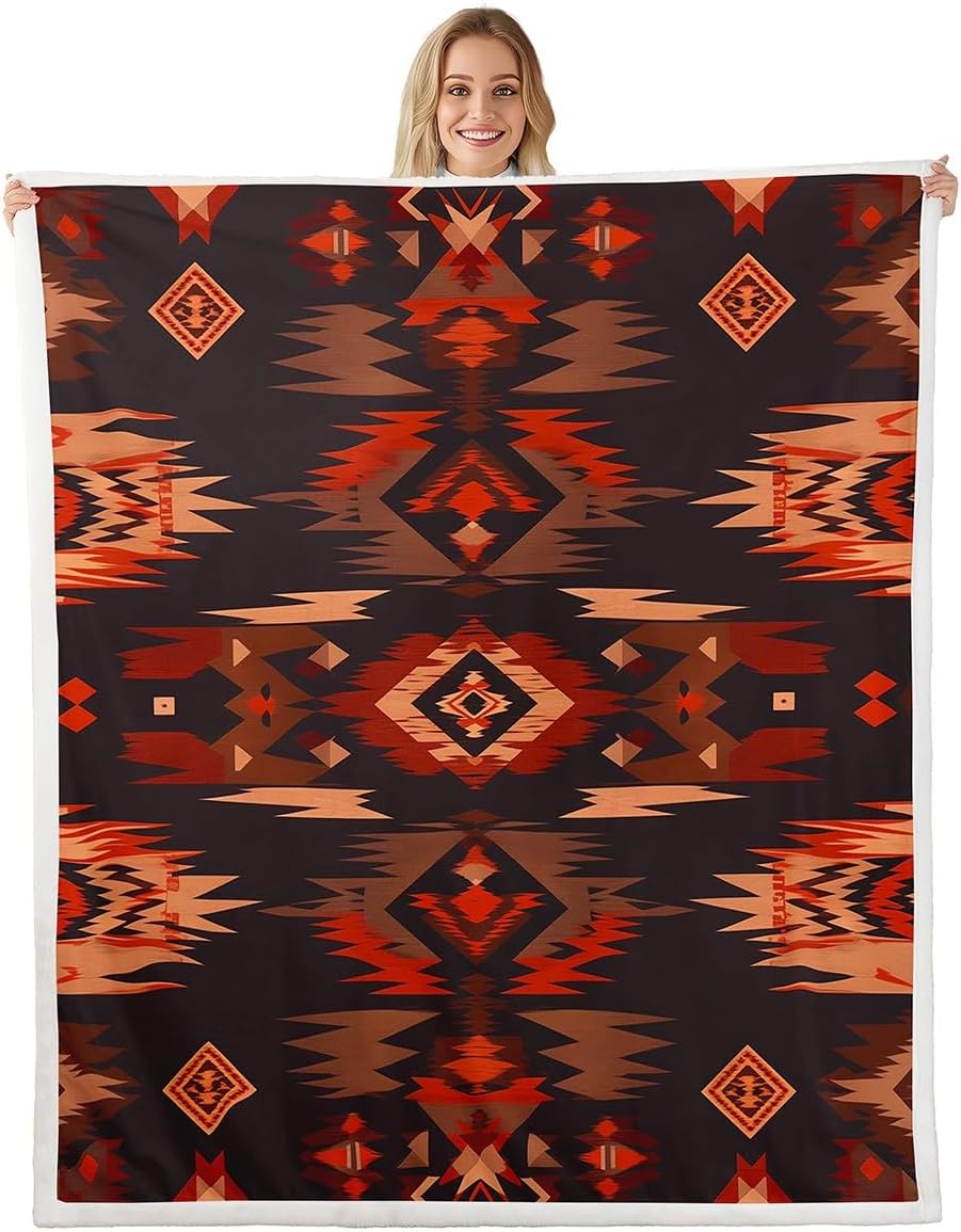 Feelyou Rustic Western Southwestern Sherpa Blanket,Native American Tribal Navajo Fleece Throw Blanket,Red Black Western Plush Blanket,Farmhouse Fuzzy Blanket for Sofa Bed Couch 90"x90"