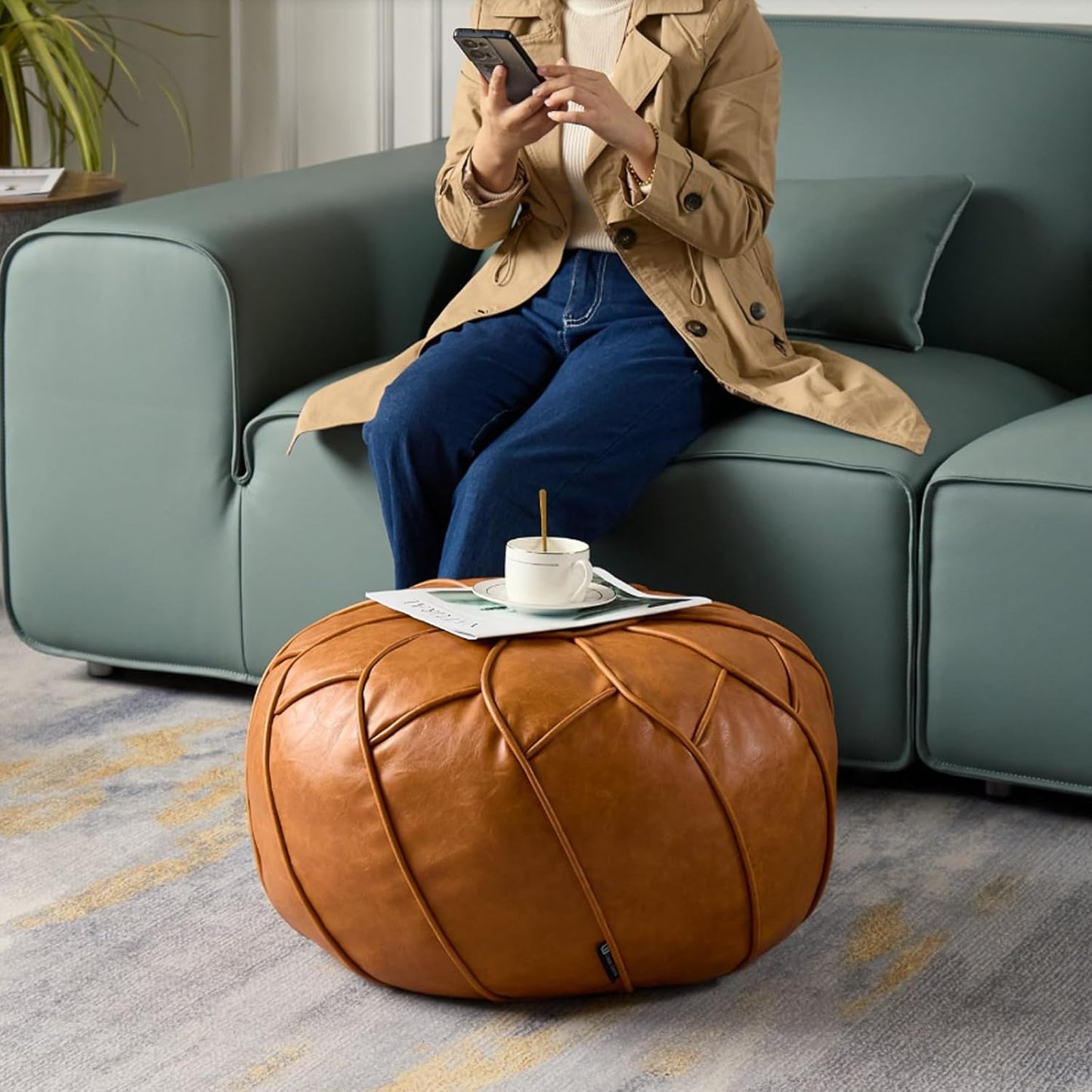 Louis Donné Unstuffed Moroccan Ottoman Pouf Cover, Handmade Faux Leather Pouf Cover with Storage, Boho Chic HomeDecor BeanBag Chair Footstool Rest for Living Seating Floor Cushion ONLYCover(Orange)