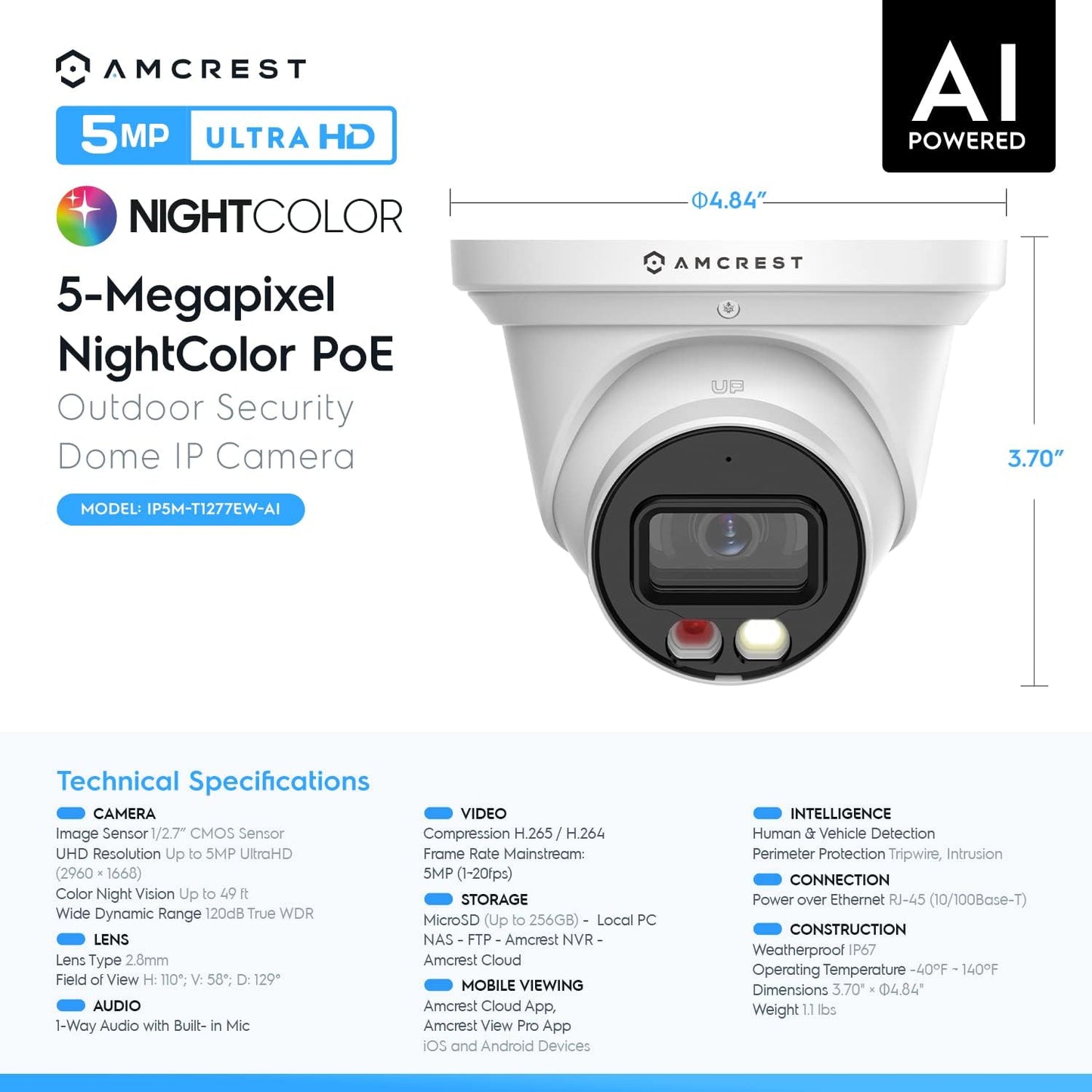 Amcrest 5MP AI Turret IP PoE Camera w/ 49ft Nightvision, Security IP Camera Outdoor, Built-in Microphone, Human & Vehicle Detection, Active Deterrent, 129° FOV, 5MP@20fps IP5M-T1277EW-AI