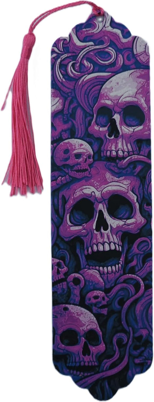 Gothic Skull Bookmark with Pink Tassel, 3D Printed, Purple and Navy Design, Horror Theme Decorative Page Marker