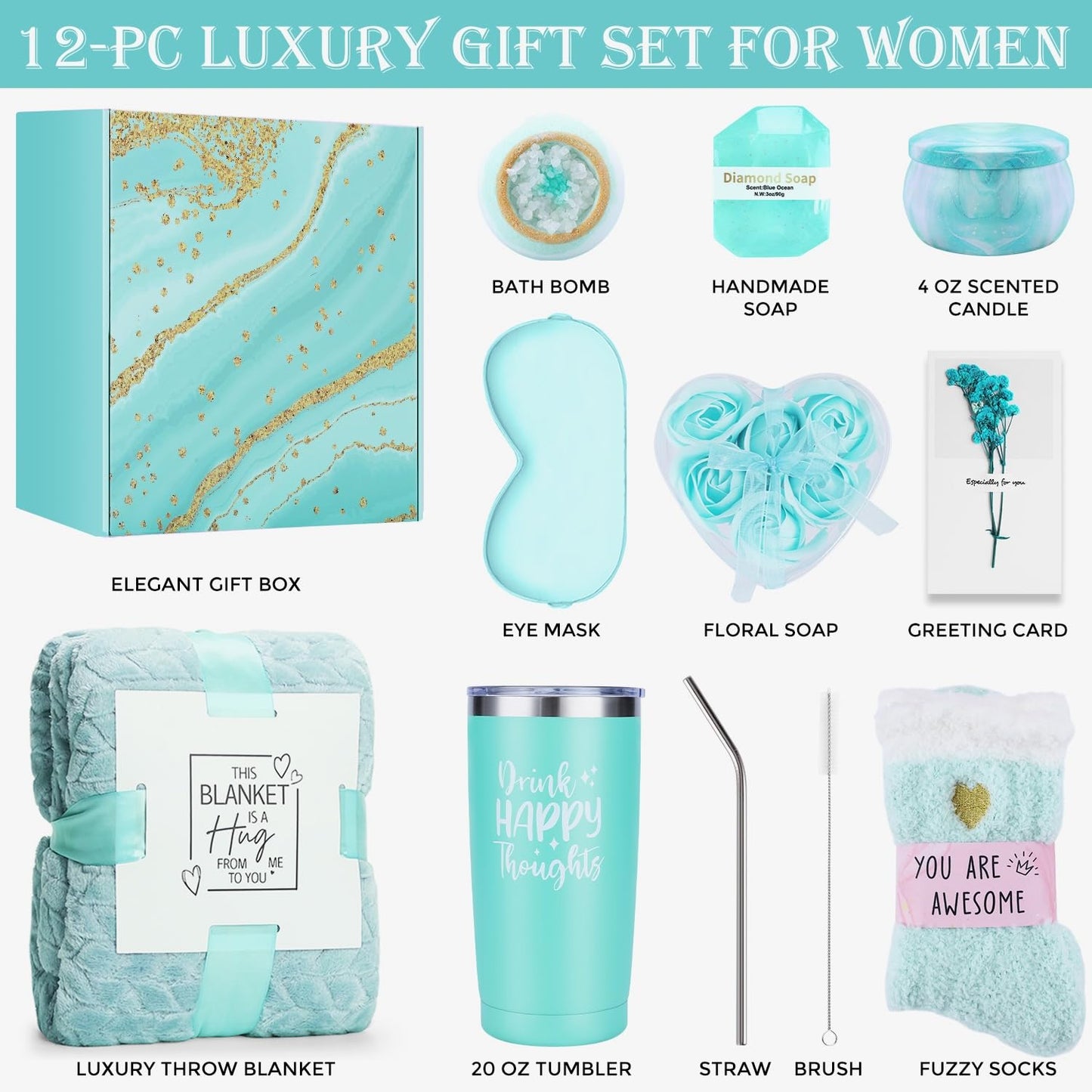 Valentine’s Day Gift Basket for Women – Romantic Ocean Spa Gift Set for Girlfriend or Wife, Birthday Anniversary Present, Premium Self Care Box with Blanket, Tumbler & Spa Accessories