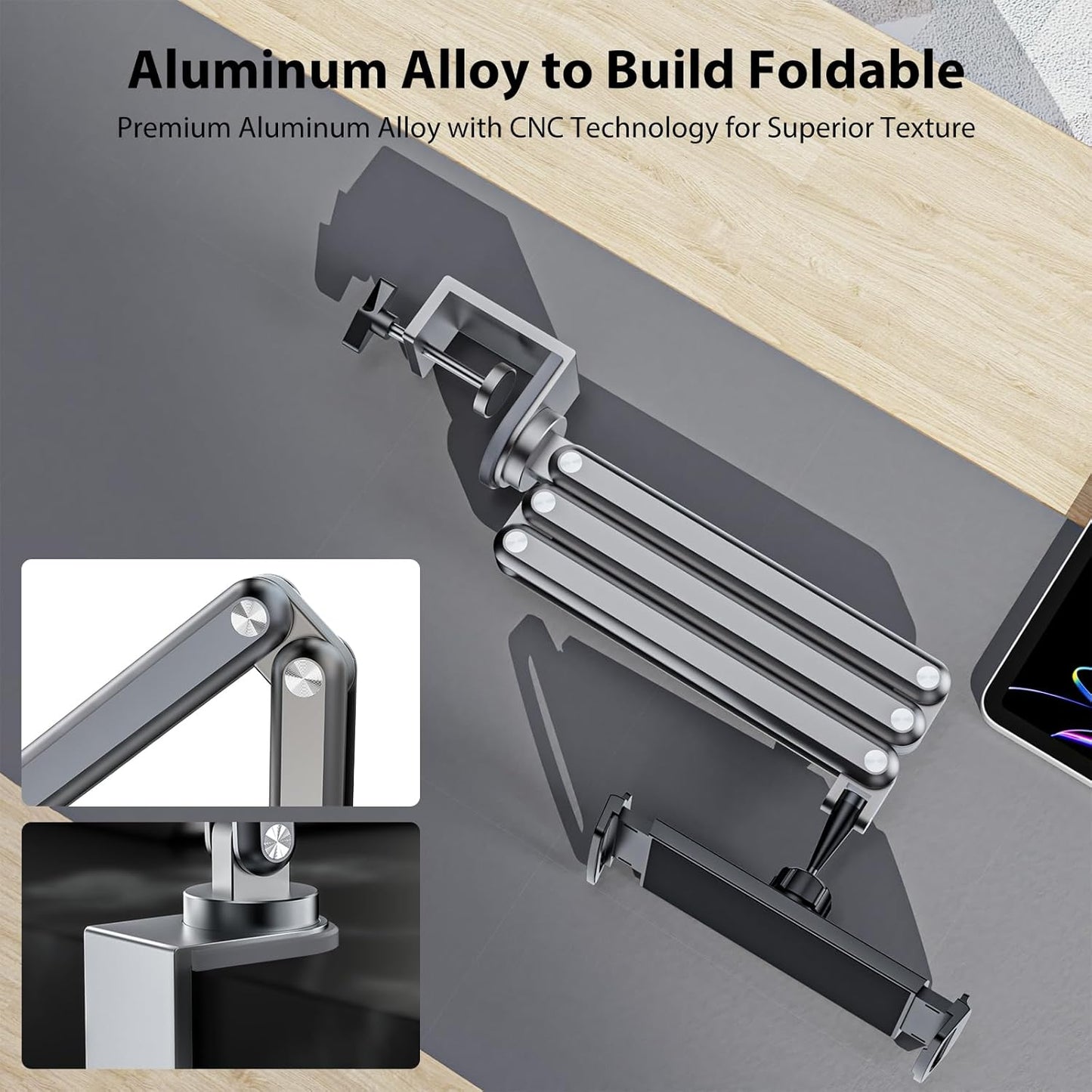 KU XIU Tablet Stand for Desk, Aluminum Alloy Foldable Tablet Arm Mount Holder Compatible with iPad 10/9th, iPad 13/12.9/11" M3 M4 M5 Pro Air, For Samsung Galaxy Tab & More 7-15.6" Tab Portable Monitor