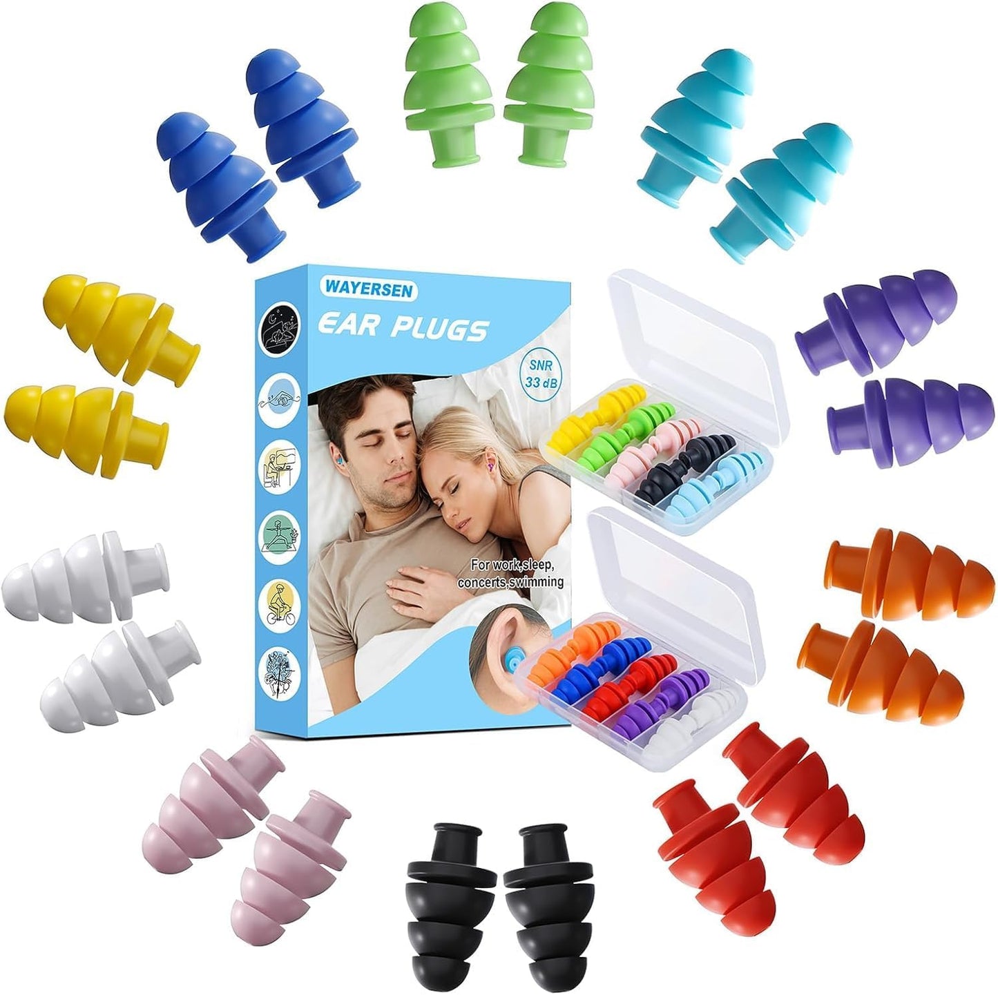 Ear Plugs for Sleeping Noise Cancelling, 10 Pairs Reusable Earplugs for Sleeping, Concert, Snoring, Travel, Work, 10 Colors, 33dB SNR