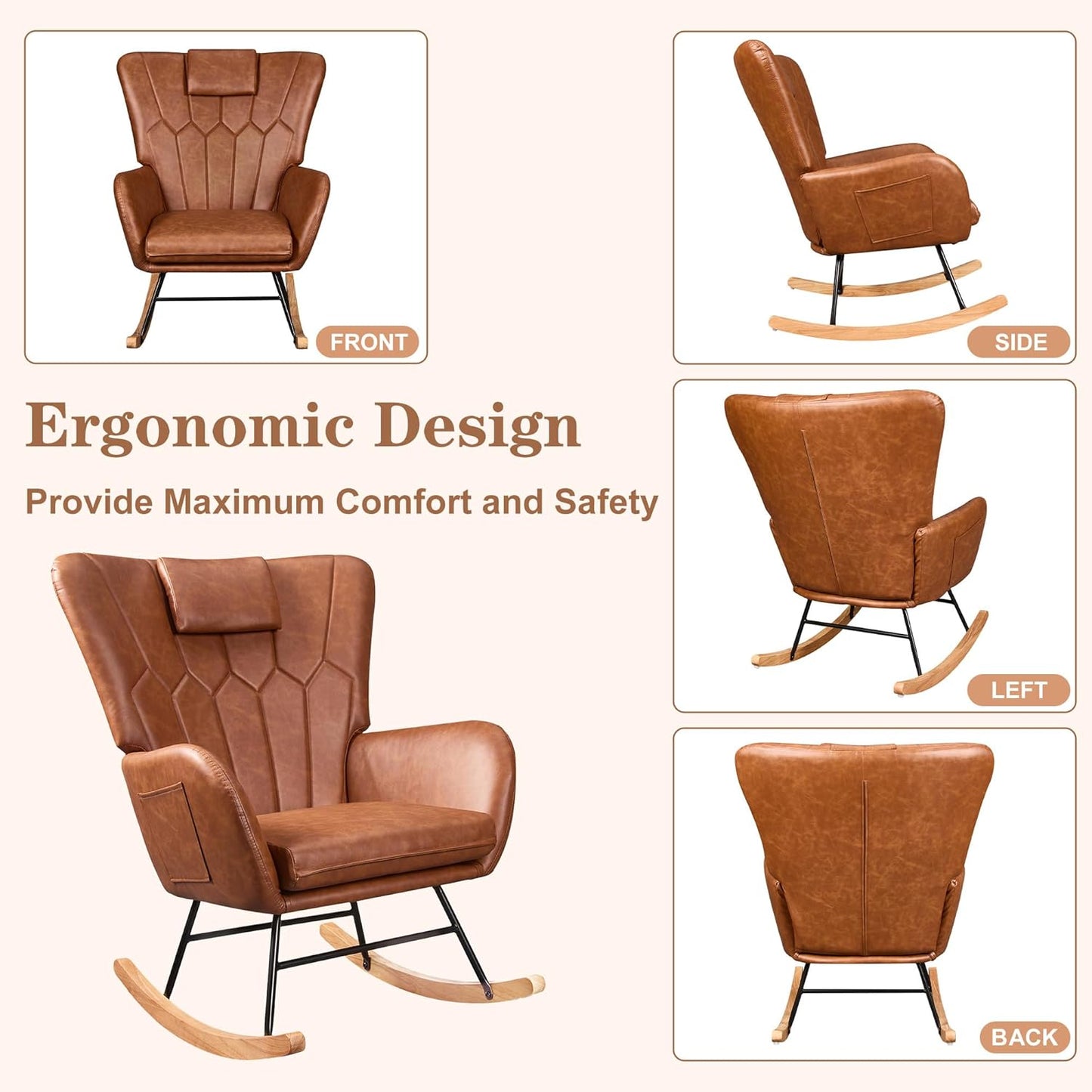 Nursery Rocking Glider Chair — PU Upholstered, Thick Headrest, High Backrest, Side Pocket, Brown