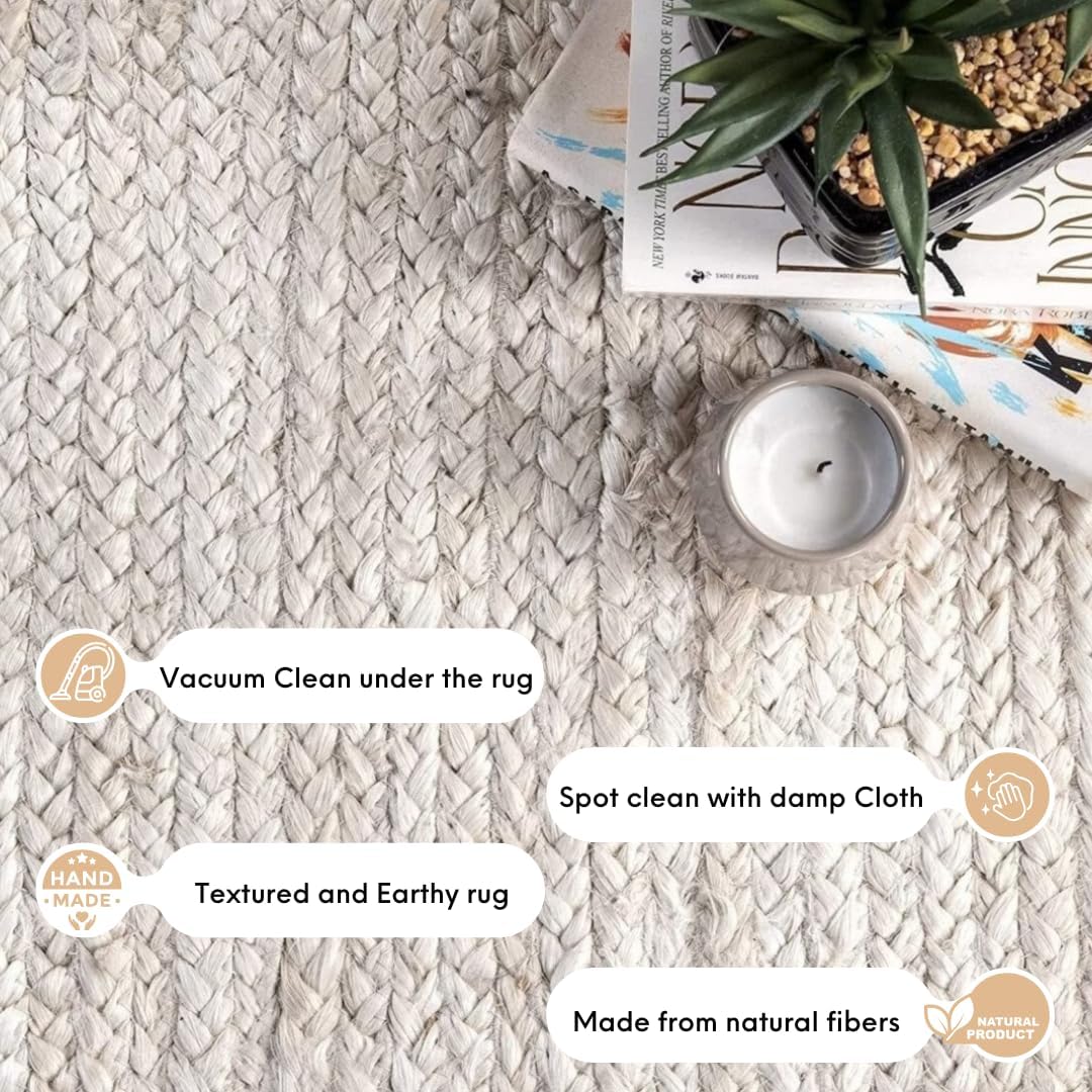 100% Jute Area Rug 5x8 Feet- Braided Design Hand Woven Off-White Natural Fibers Carpet - Home Decor for Living Room Hallways (5' x 8', Off-White)