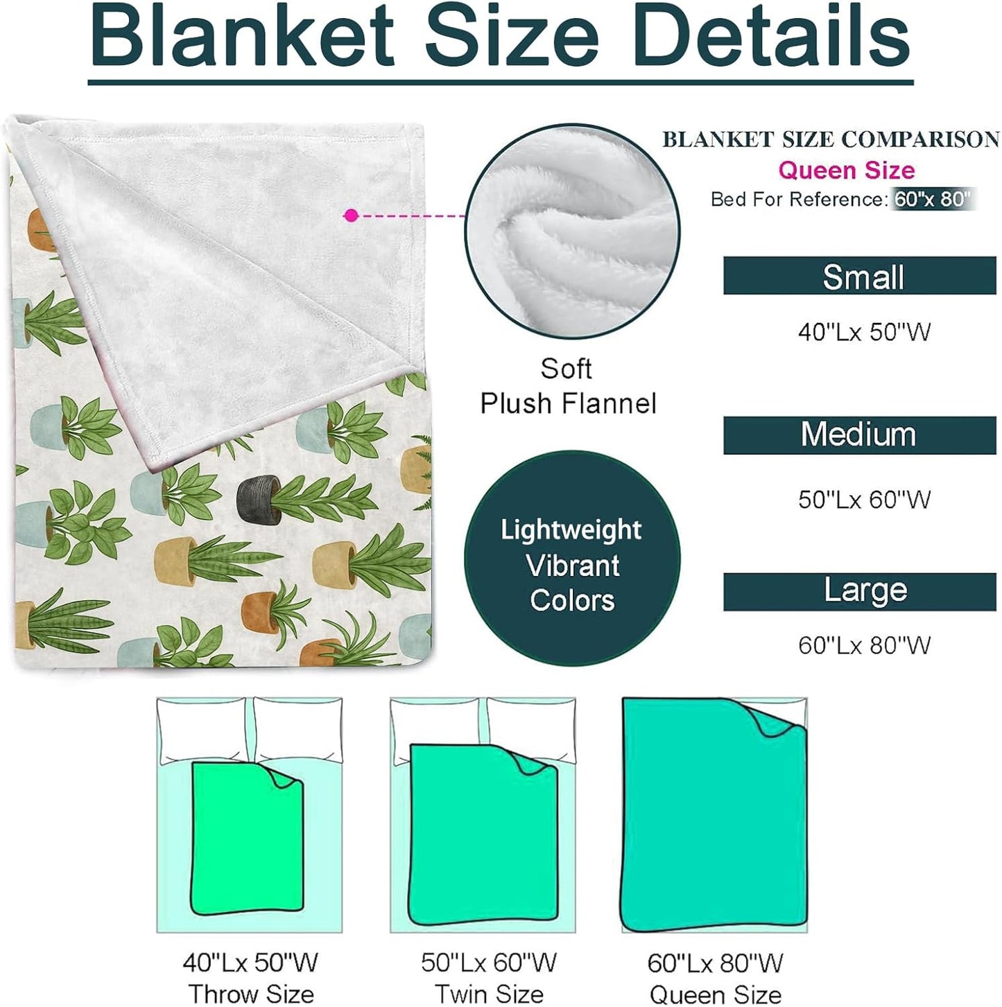 Fresh Potted Plant Blanket, Botanical Flannel Throw, Soft Cozy Lightweight Throws Blankets for Women Kids Girls, Minimalist Home Decor for Sofa Couch Bedroom Home, 60x50 Inch