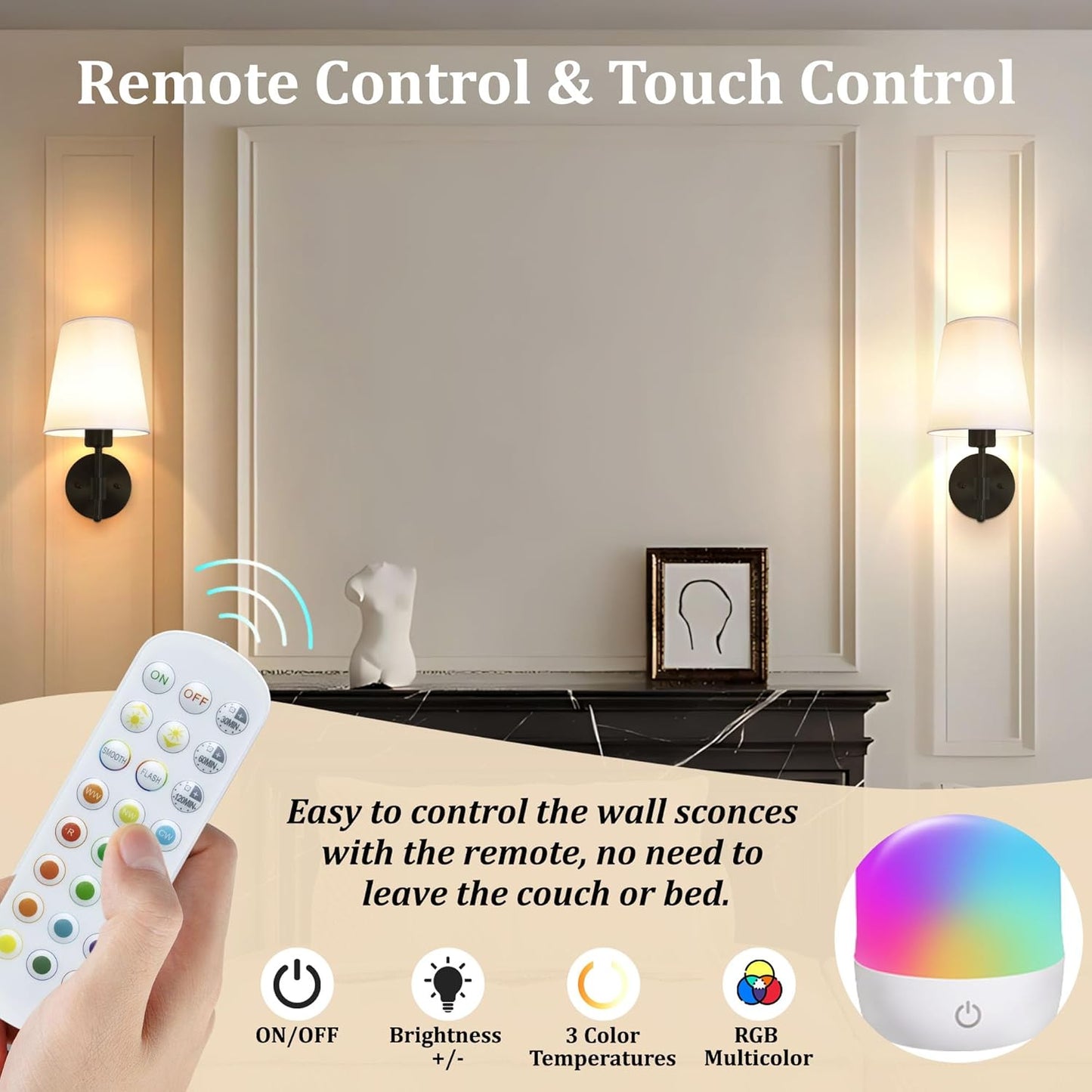 Battery Operated Wall Sconces Set of 2, Rechargeable Black Wall Sconce with Remote Control, 12 Colors RGB Magnetic Bulb, Wireless Battery Wall Lamp for Bedroom Living Room Hallway