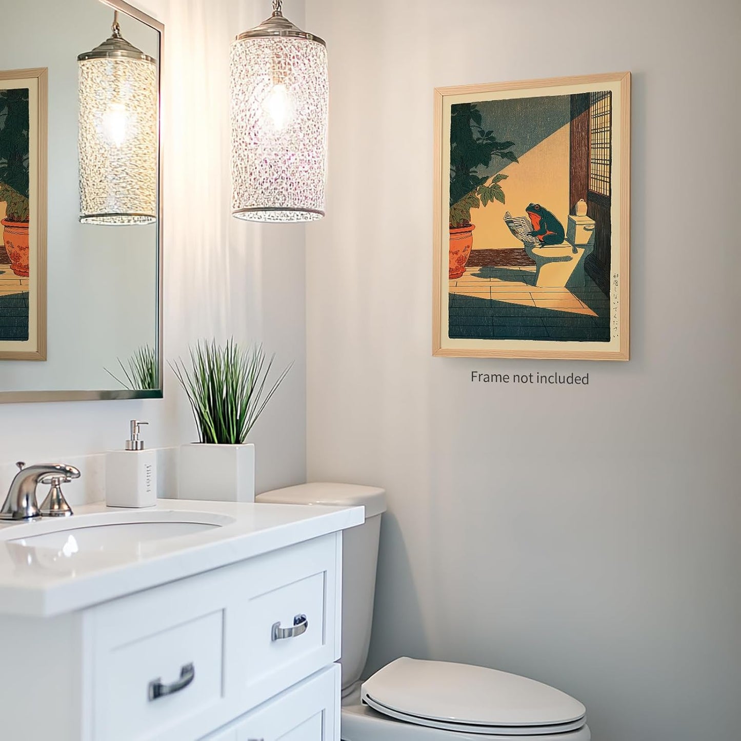 Japanese Frog Wall Art Cute Animal Canvas Print Funny Frog On The Toilet Reading Newspaper Posters Vintage Japan Painting Wall Decor 12x16in Unframed for Oriental Asia Bathroom Restroom