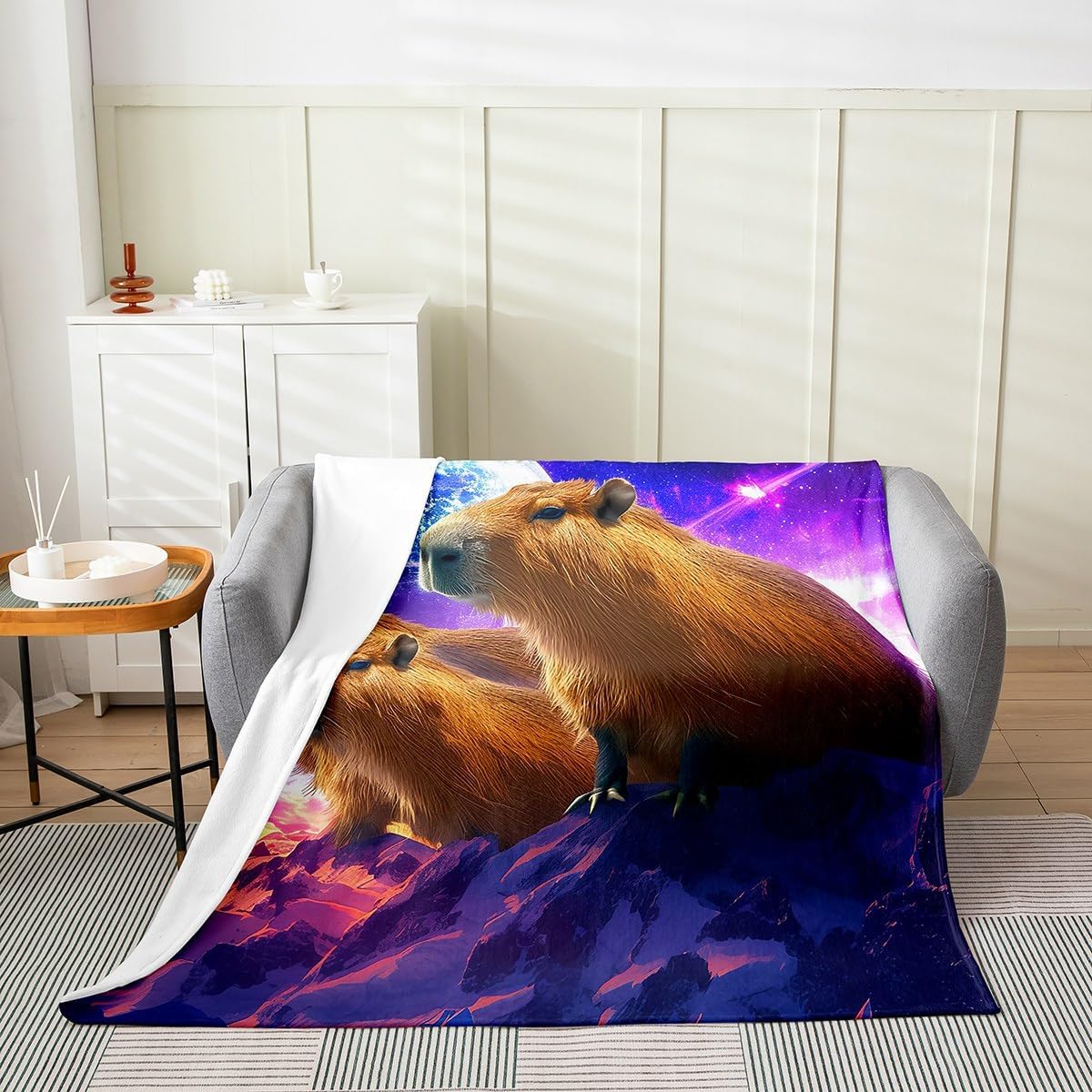 Capybaras Blanket for Kids Teens Travel Sofa Bed, Funny Rodent Animals Fleece Blanket, Cute Pet Capybaras Throw Blanket for Boys Girls, Galaxy Starry Moon Fuzzy Blanket Home Dorm Decor, Queen Size