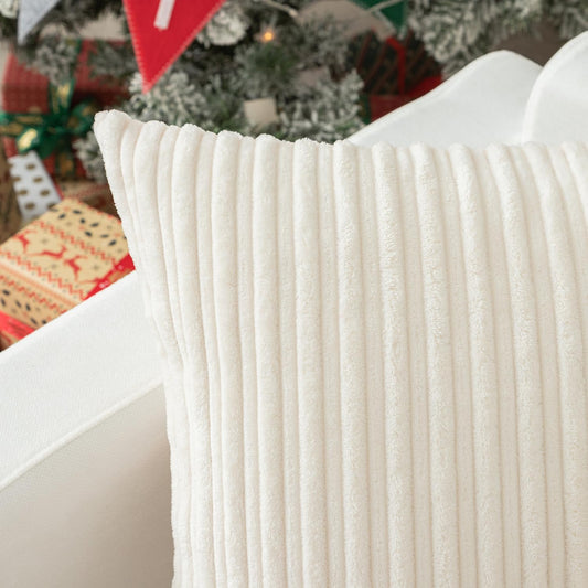 Kevin Textile Set of 2 Oblong Pillow Covers Christmas Plush Striped Corduroy Velvet Rectangular Lumbar Throw Pillow Case 12x20 Cushion Cover for Chair, 30 x 50cm, Creamy White