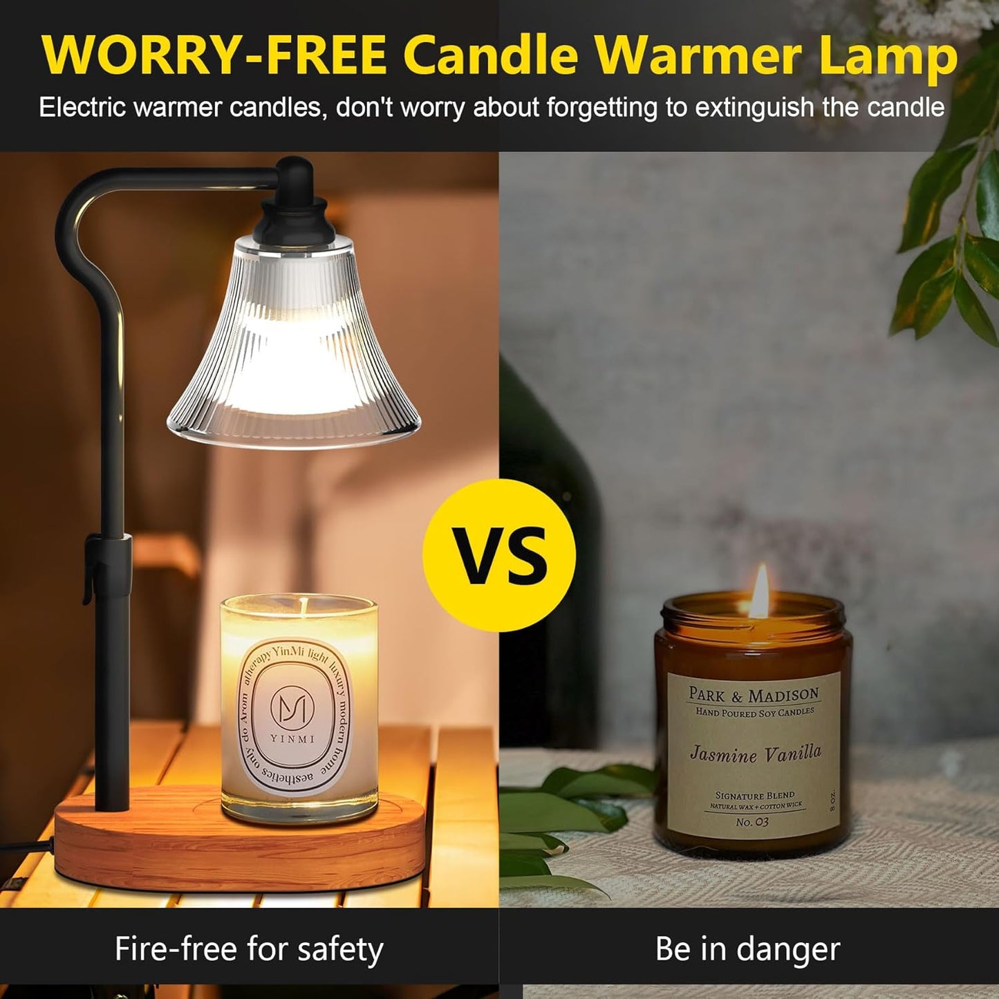 Flameless Candle Warmer Lamp, Candle lamp Warmer with Timer, Dimmable/Adjustable Height Electric Candle Warmer, Wooden Electric Wax Melt with 2 Bulbs for Scented Jar Candles Home Decor Christmas Gifts