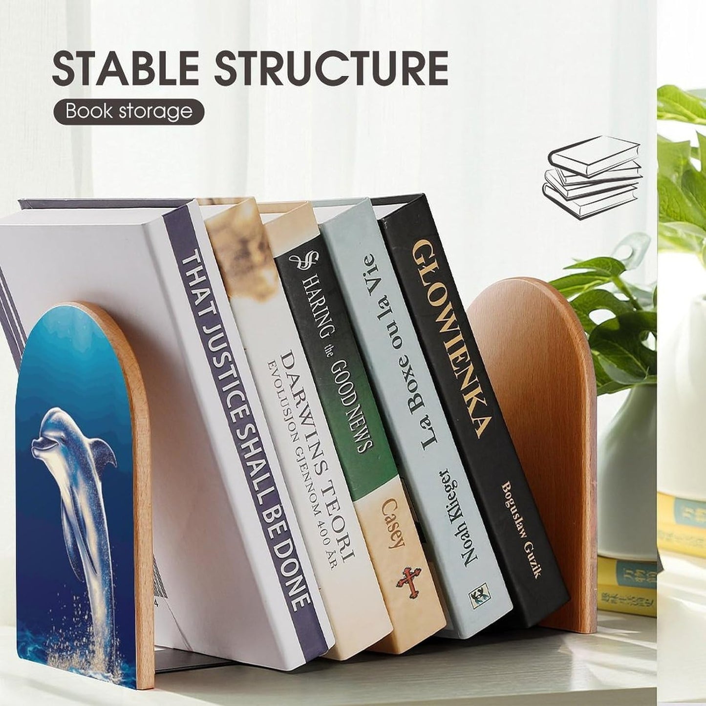 Non-Slip Bookend for Shelves Glitter Dolphin Wooden Bookends with Metal Base Decorative Book Stopper for Home Heavy Duty Wood Book Storage for Books/CDs