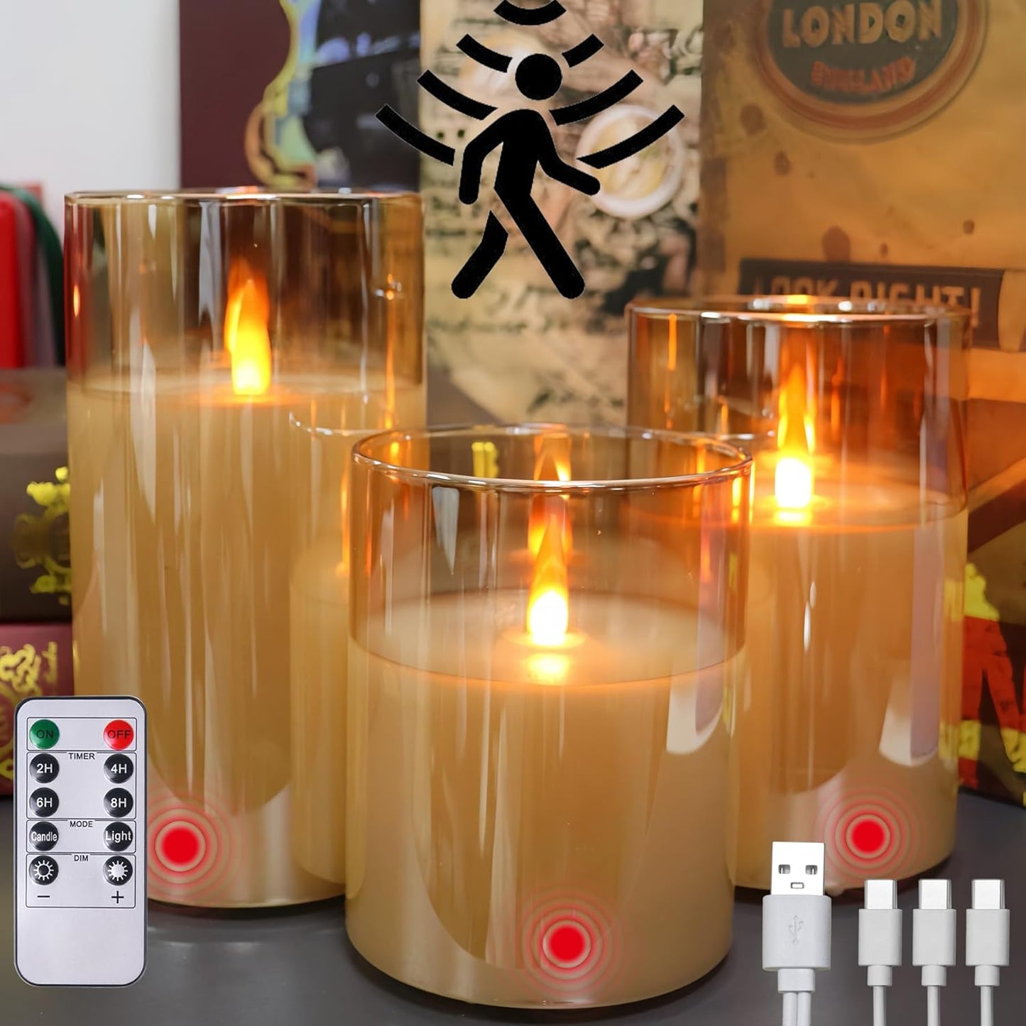 Flameless Candle Night Light, Motion Sensor Auto Switch On/Off, Rechargeable LED Glass Night Light with Remote Control and Timer Function, Ideal Kids Adults Nightlight for Bedroom, Bathroom, Hallway