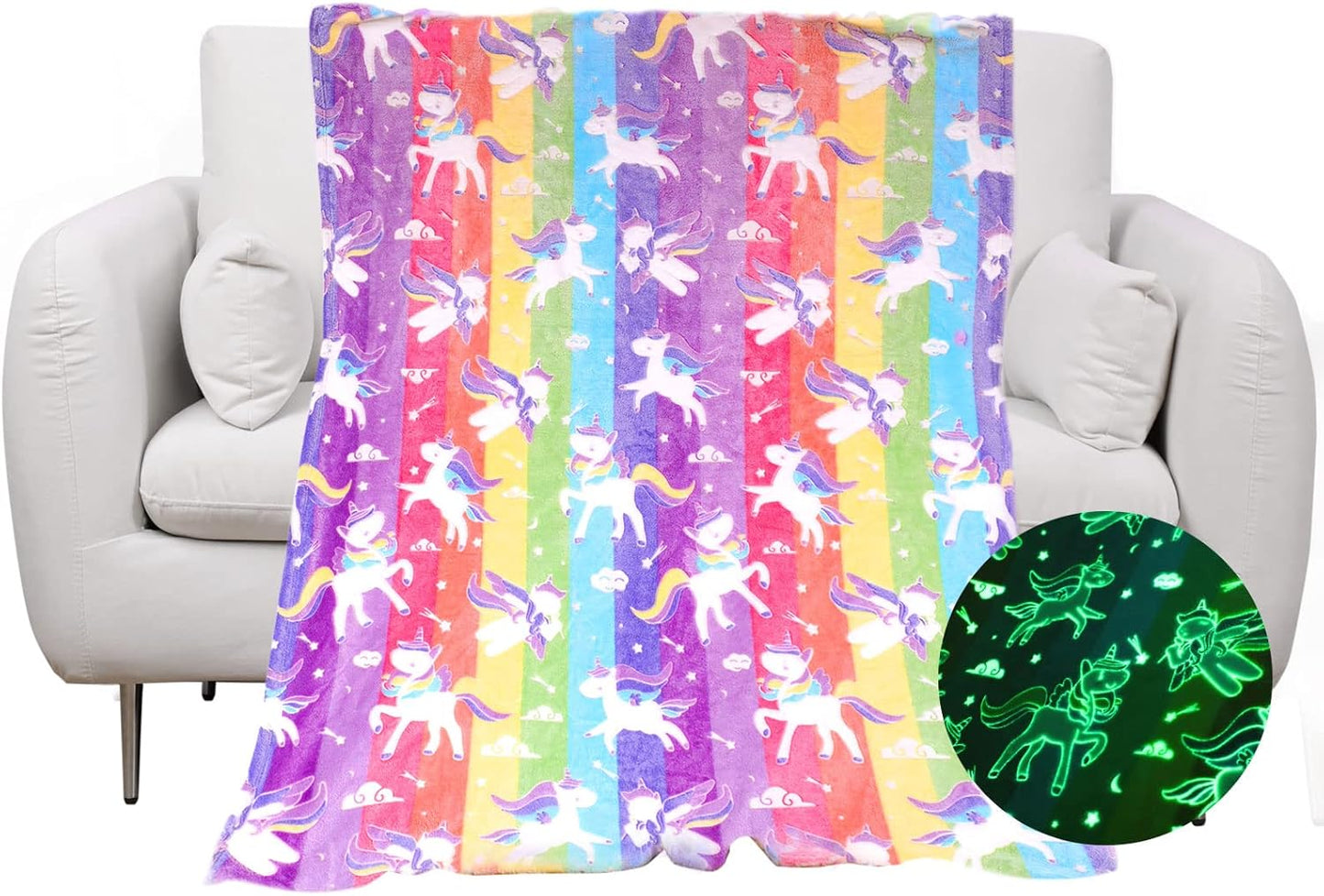 Glow in The Dark Blanket Unicorns Gifts for Girls Birthday Gift Halloween Super Cute Soft Cozy Rainbow Unicorn Star Flannel Luminous Magic Throw Thanksgiving Decor 50"x60"