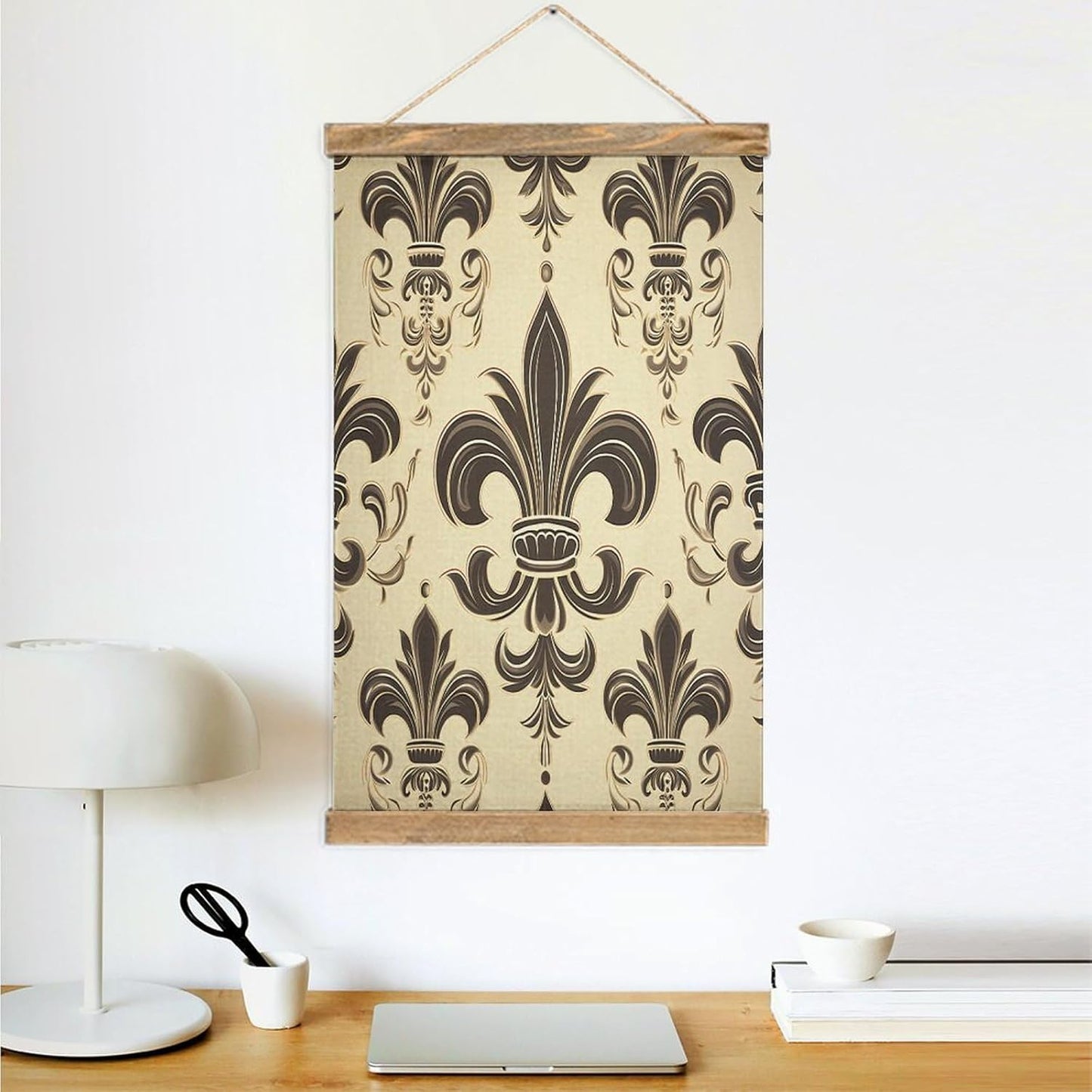 Vintage Fleur-de-Lis And Coat Arms Knight Poster with Wooden Frame Personalized Linen Hanging Scroll Painting Rustic Wall Hanging Illustrative Modern Artwork Decor for Home Living Room Bedroom Office