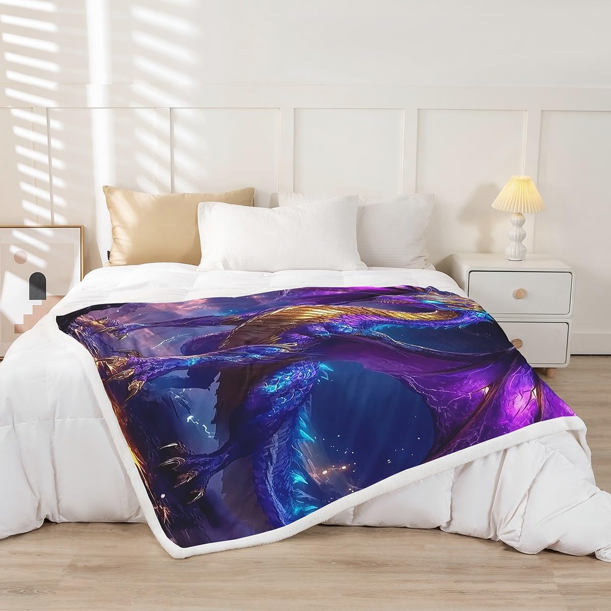 Erosebridal Dragon Throw Blanket Twin 60"X80", Magic Animal Loong Sherpa Blanket for Kids Boys Teens Bedroom Decor, Outer Space Fleece Blanket Lightning Galaxy Plush Bed Blanket, Purple