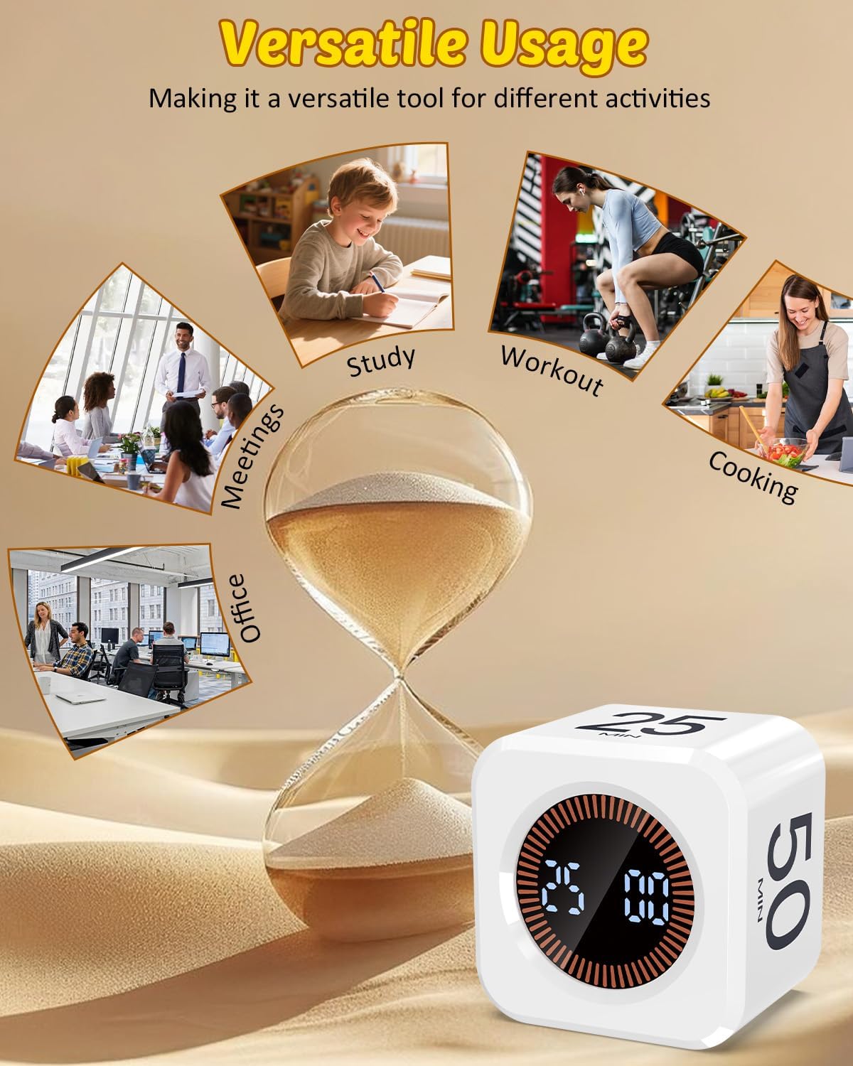 Digital Pomodoro Timer Cube 5/10/25/50min, Visual Productivity Flip Timer for Kids Classroom Desk, Custom Countdown, Silent and Sound Mode for ADHD Study Work Game Kitchen (White)