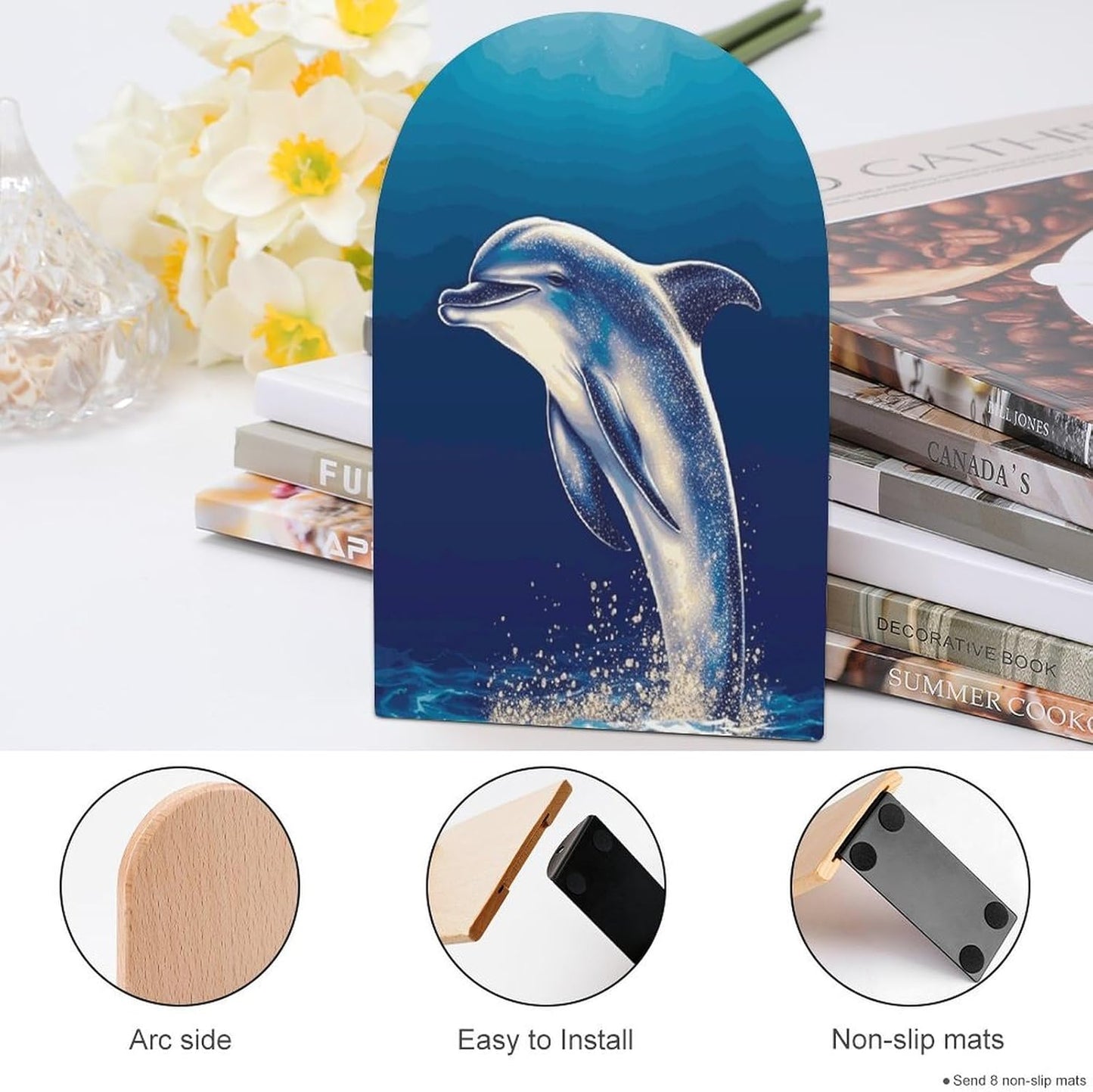 Non-Slip Bookend for Shelves Glitter Dolphin Wooden Bookends with Metal Base Decorative Book Stopper for Home Heavy Duty Wood Book Storage for Books/CDs