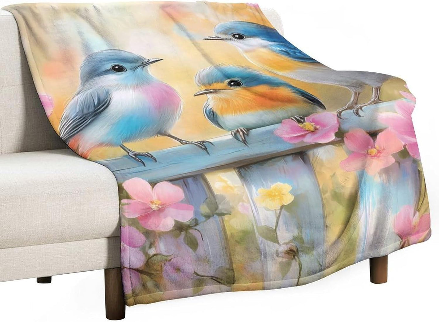 Blue Birds Throw Blanket for Couch Bed Plush Cozy Fuzzy Flannel Blanket for All Season 66"x90"