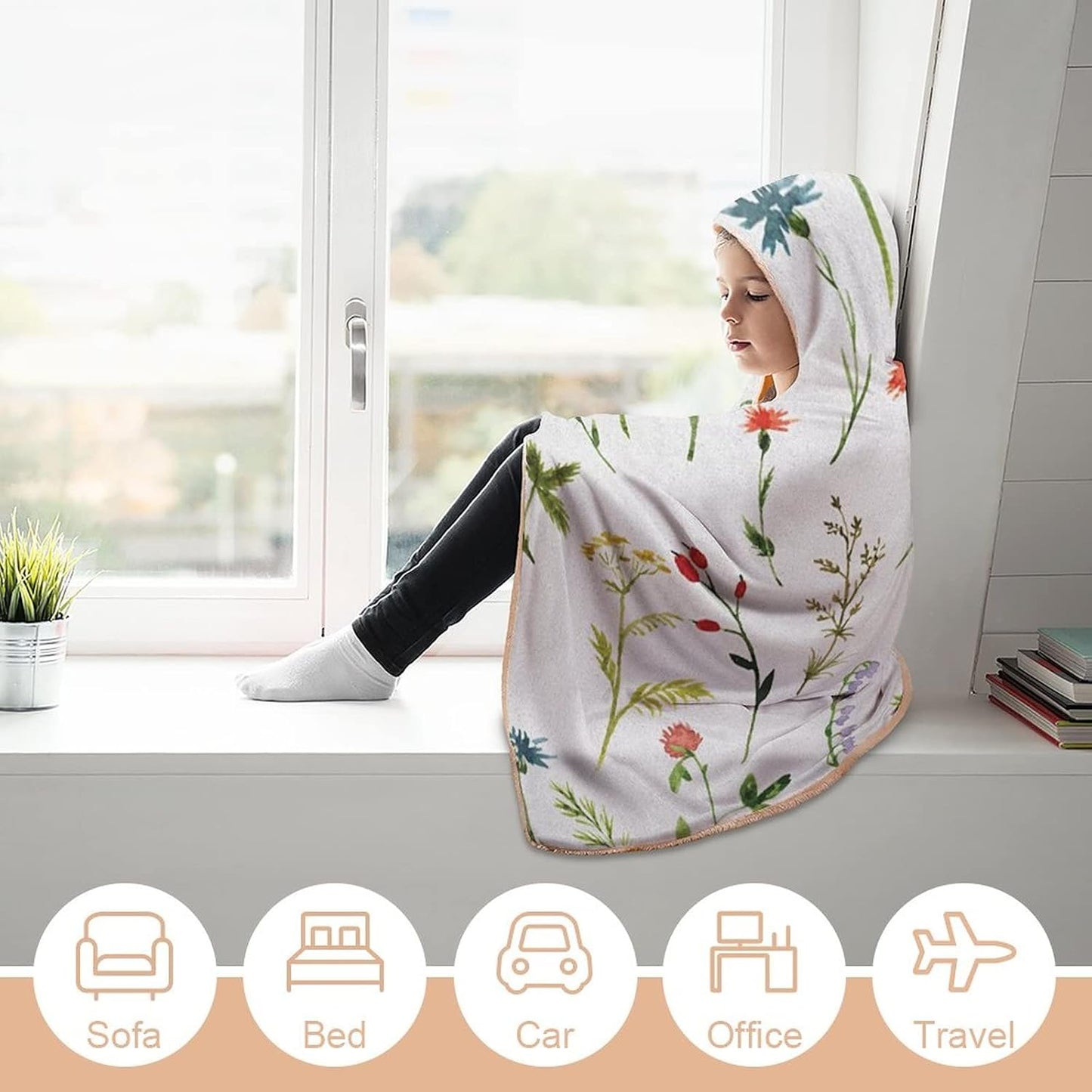 Throw Blankets, Watercolor Flower Women Men Hooded Blanket, Different Kinds of Flowers with Herbs Weeds Plants, Soft Warm Cozy, 40 x 50inches, Studying Reading Snuggling Napping Office, Multicolor