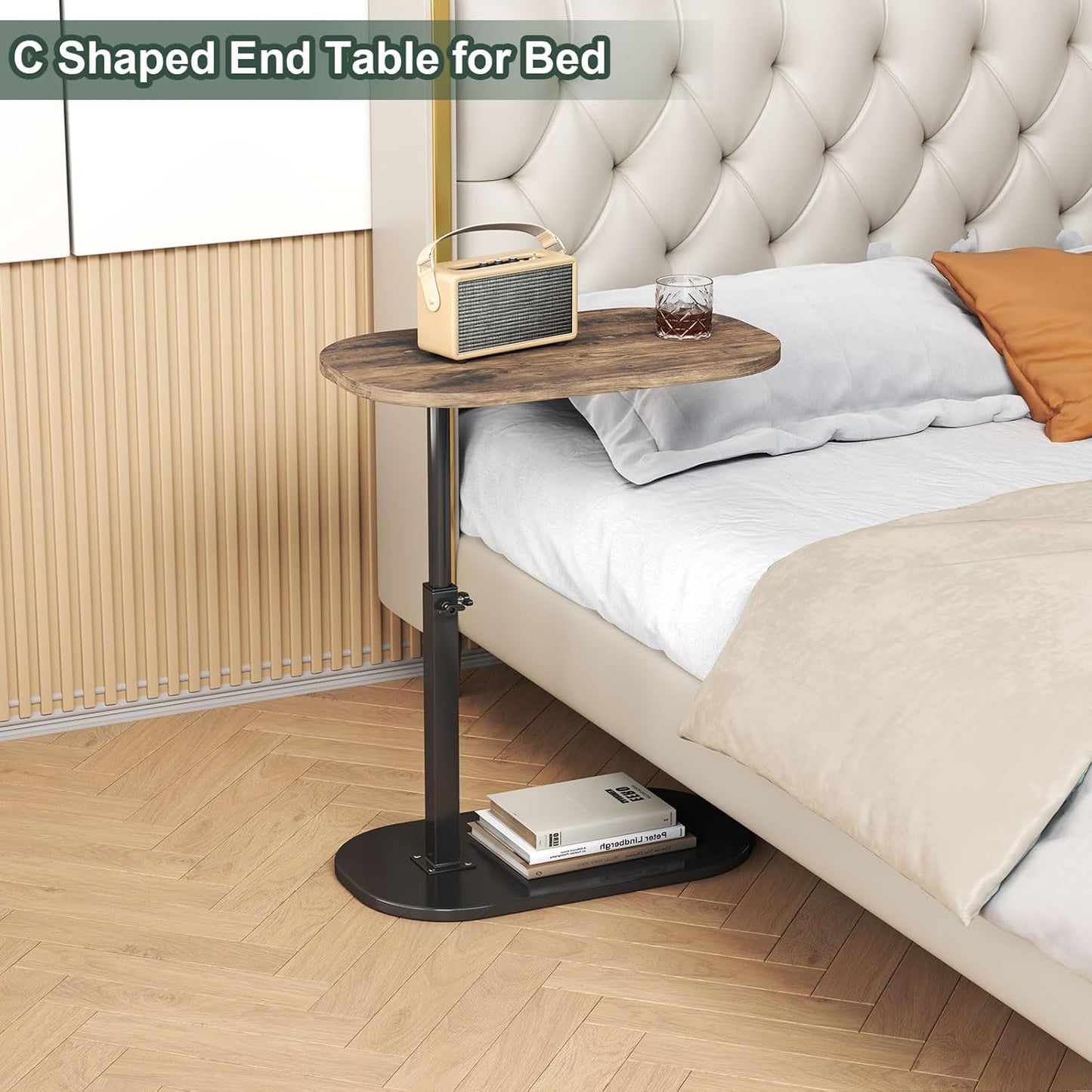C Shaped Side Table, Adjustable Height C Shaped End Table, 360°Swivel Couch Side Tables that Slide Under, Modern Small Coffee C Table End Table for Sofa/Bed/Bathtub, Rotating Tabletop (Rust Brown)