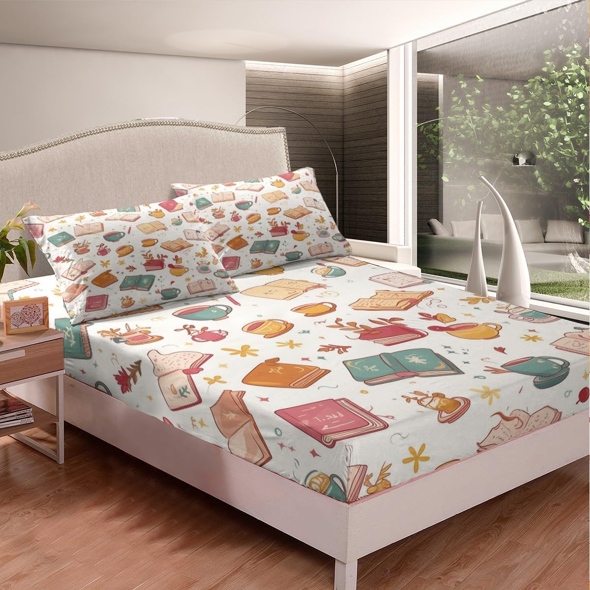 Erosebridal Cartoon Books Bed Sheets Set Coffee Botanical Maple Leaf Sheet Set Twin Autumn Reading Themed Sheets for Kids Boys Girls Teens Bedroom Decor