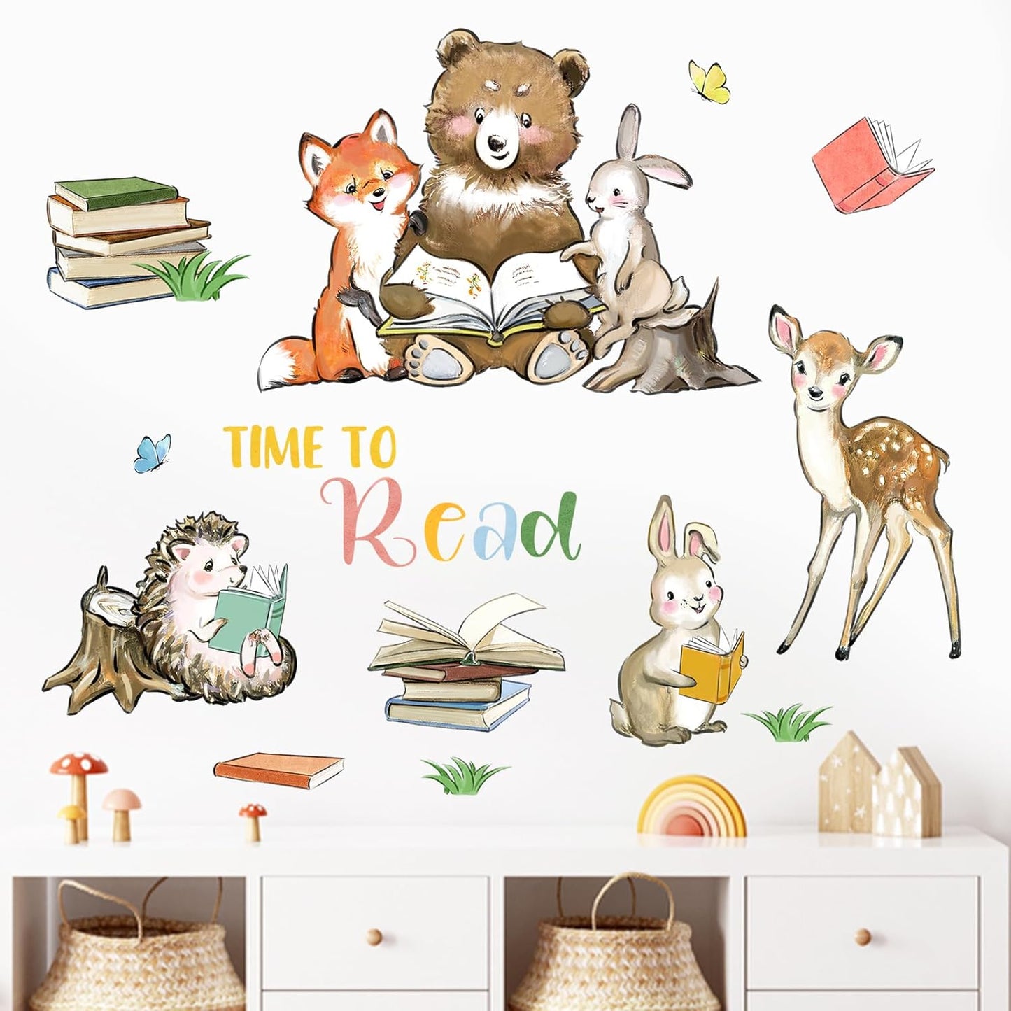 Mfault Time to Read Animals Wall Decals Stickers, Educational Reading Bear Fox Bunny Deer Hedgehog Books Nursery Decorations Classroom Bedroom Art, Neutral Toddlers Kids Study Room Library Decor