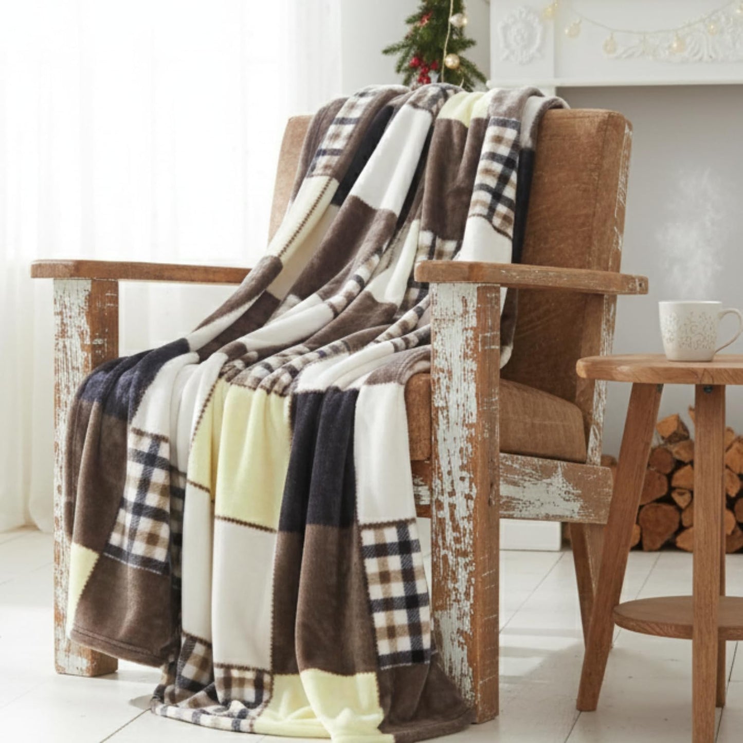 Tache Buttermilk Yellow Brown Farmhouse Super Soft Micro Fleece Plaid Patchwork Plush Lightweight Dual-Sided Decorative Couch, Sofa, Travel, Lap, Bed Easter Throw Blanket, 50x60