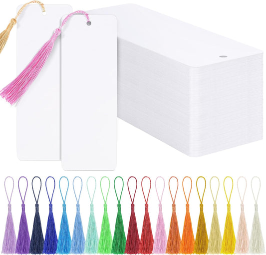 120 Pcs Blank Bookmarks to Decorate with 100 Colorful Tassels, Thick 350GSM Cardstock Bookmarks for DIY Crafts, Holiday Reading, Classroom Projects and Gift Tags, 5.5x2 Inch Bulk Set