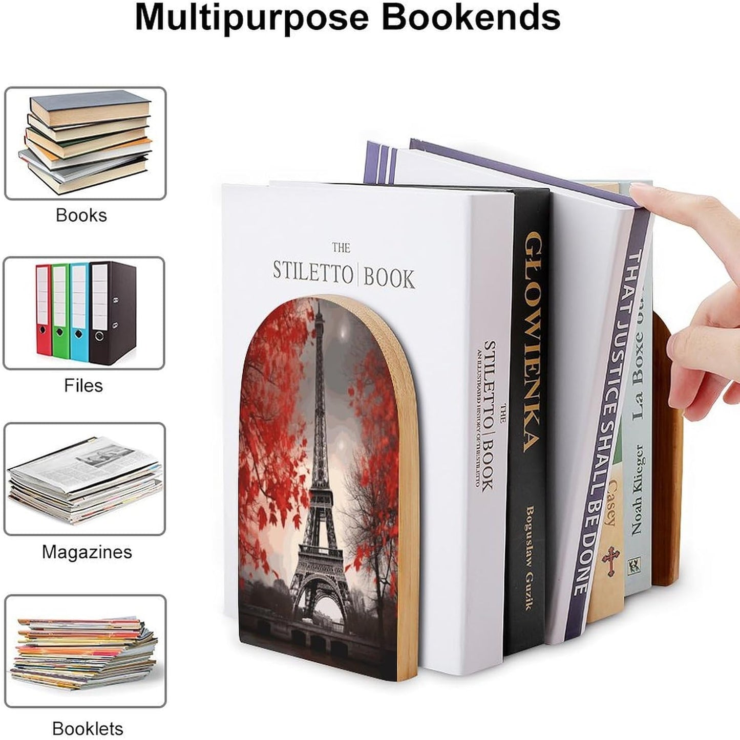 Eiffel Tower Autumn Leaves Bookend for Shelves Wooden Book End Large Size Sturdy Book Holders Stoppers with Metal Base for Bookshelves Slick Decorative Bookends Stands