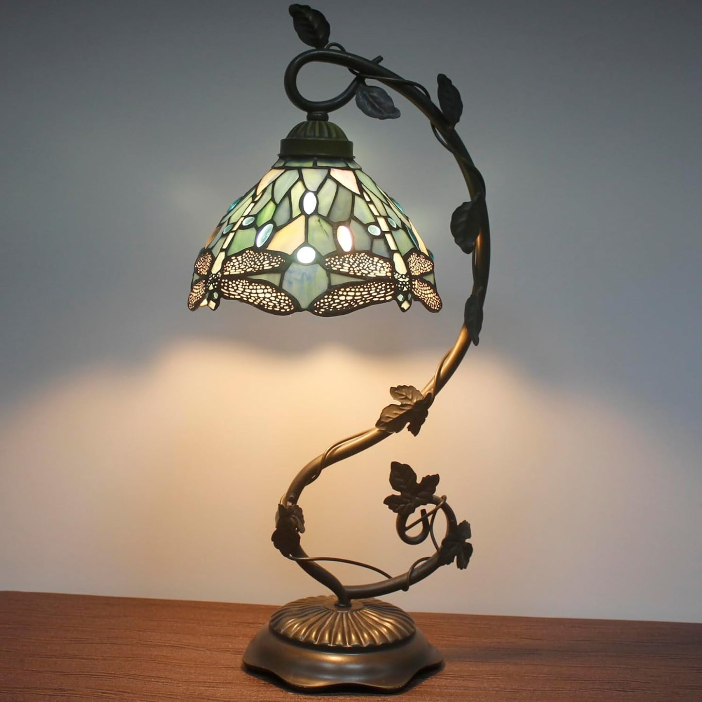 WERFACTORY Tiffany Lamp Sea Blue Stained Glass Dragonfly Style Desk Reading Light, Metal Leaf Table Lamp Base 8X10X21 Inches Decor Small Space Bedside Bedroom Home Office S147 Series