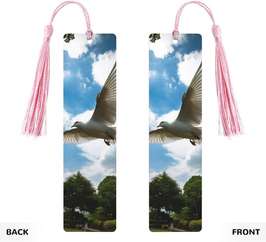 White Doves Fly Over The Park Bookmarks Gifts for Women Men, Wooden Bookmarks for Book Lovers, Vintage Book Marks Ornaments with Tassel, Unique Personalized Reading Page Markers Pink