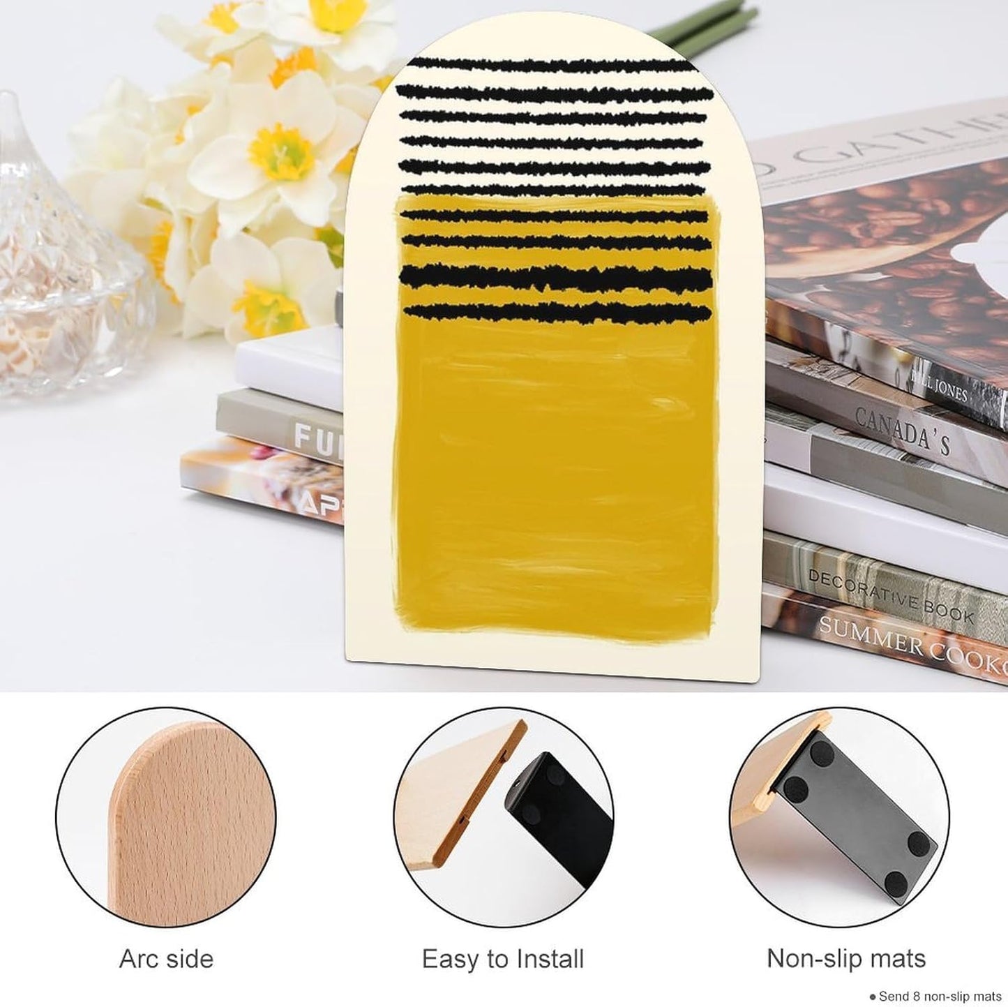 Mustard Yellow Lines Wooden Bookend Non-Slip Book Ends Heavy Duty Book Stopper with Metal Base Books Holderd Decorative Bookends Stands Firmly for Office Supplies