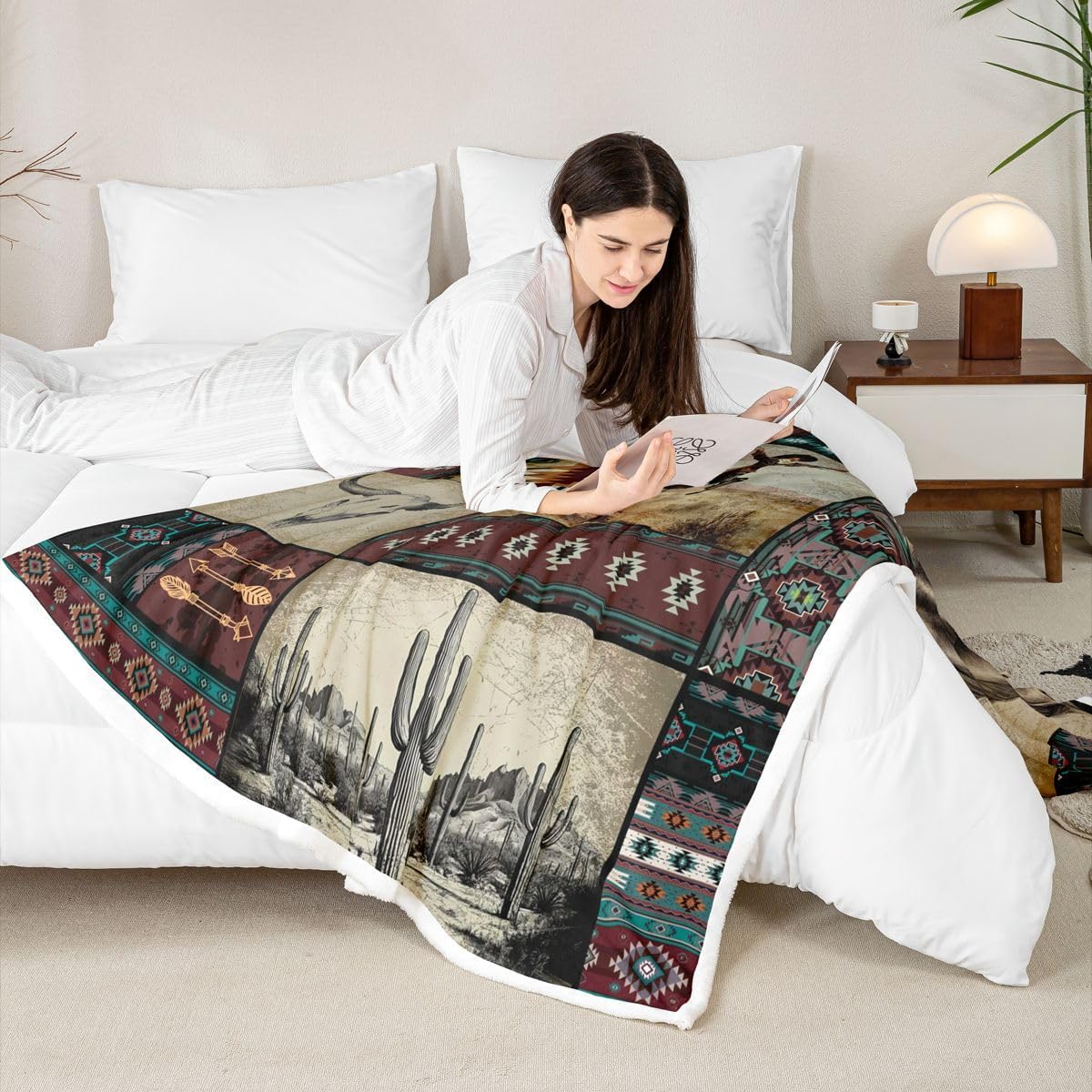 Feelyou Western Cowboy Throw Blanket Rustic Southwestern Plaid Soft Fleece Sherpa Cozy Fuzzy Plush Warm Wild West Fuzzy Plush Throw Throw 50"x60" for Bed Couch Living Room