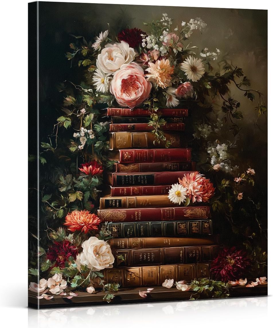 Vintage Floral Books Wall Art Moody Flowers Bookish Canvas Print Poster Dark Academia Wall Decor for Farmhouse Reading Nook Study 8x10 Inch Framed