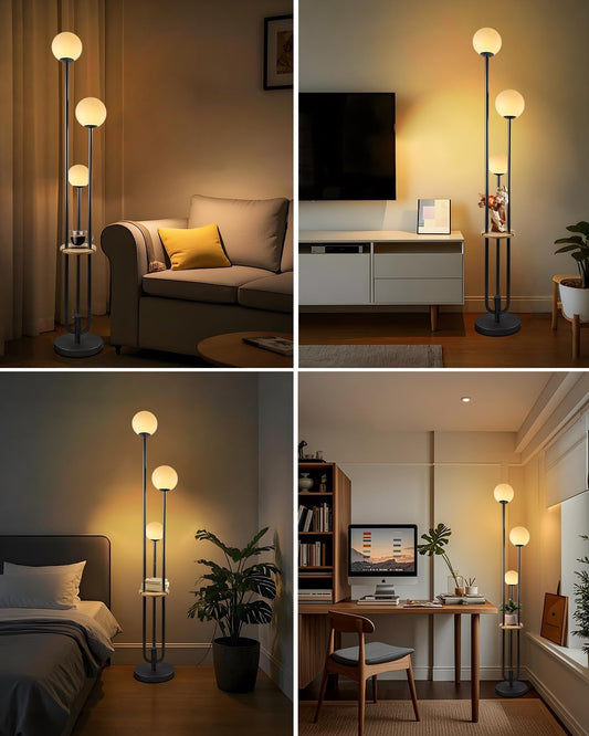 63IN Dimmable Floor Lamp with Shelf, Unique Globe Black Tall Standing Lamps Candle Holder Style, 3000K Warmwhite Mid Century Modern Floor Lamp for Living Room Home Office(Bulbs Included)